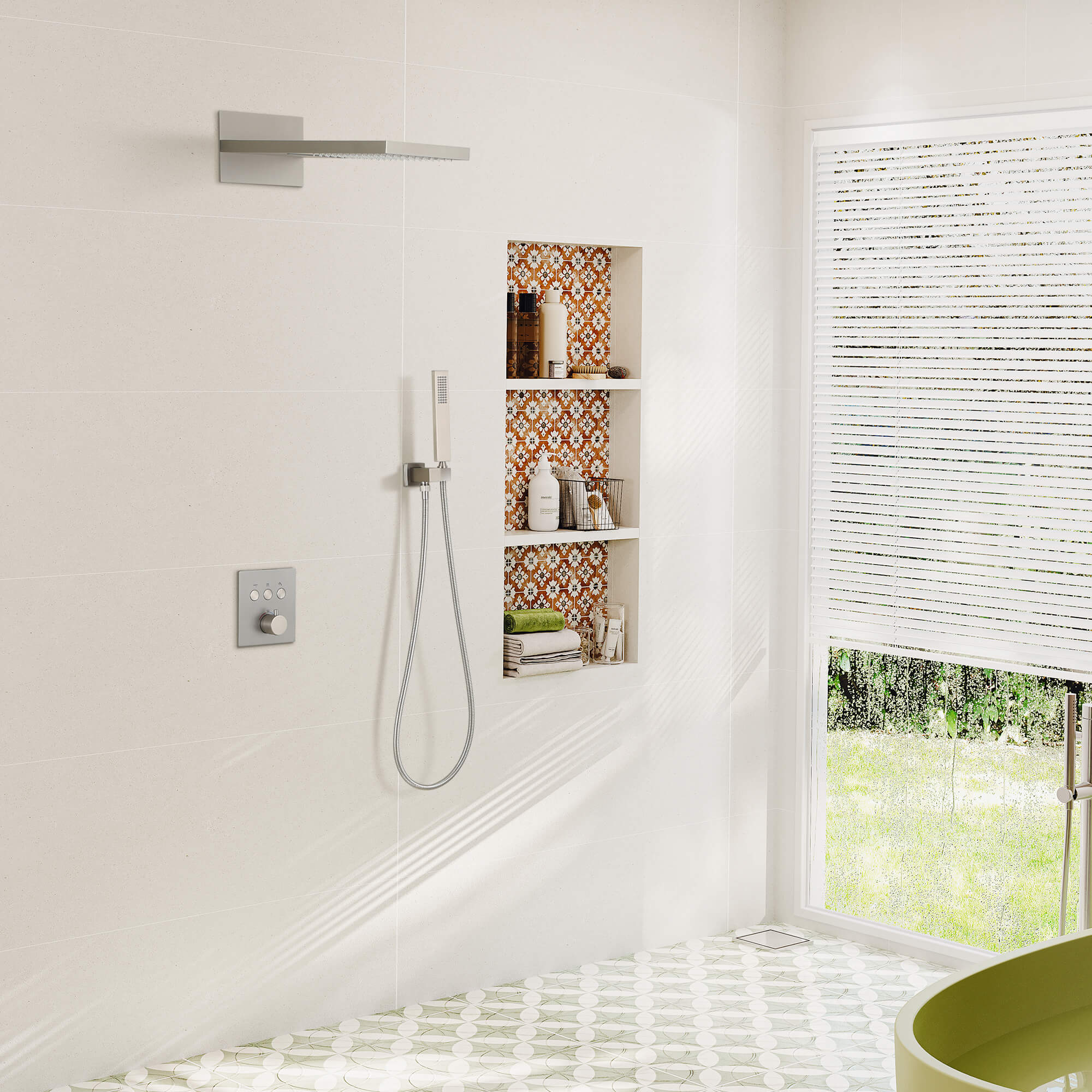 Wall-Mounted Rainfall & Waterfall Shower Head System with Handheld Shower