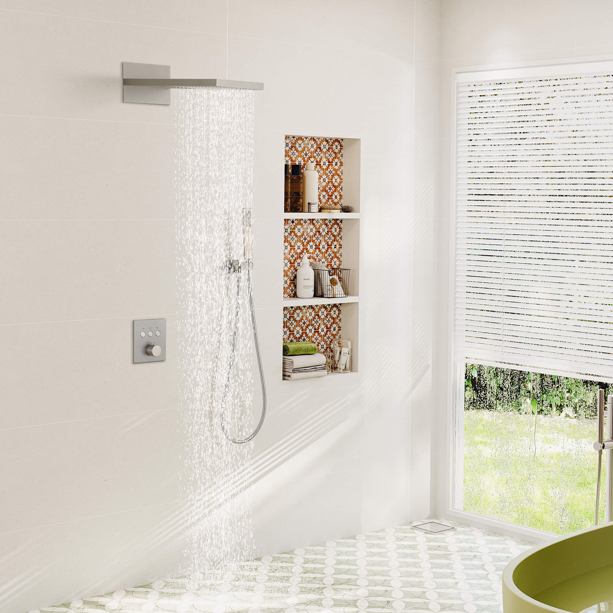 Wall-Mounted Rainfall & Waterfall Shower Head System with Handheld Shower