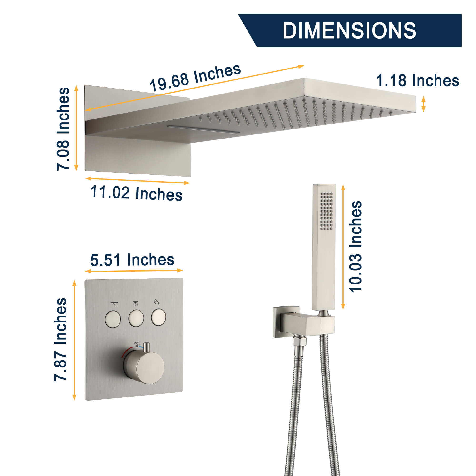 Wall-Mounted Rainfall & Waterfall Shower Head System with Handheld Shower