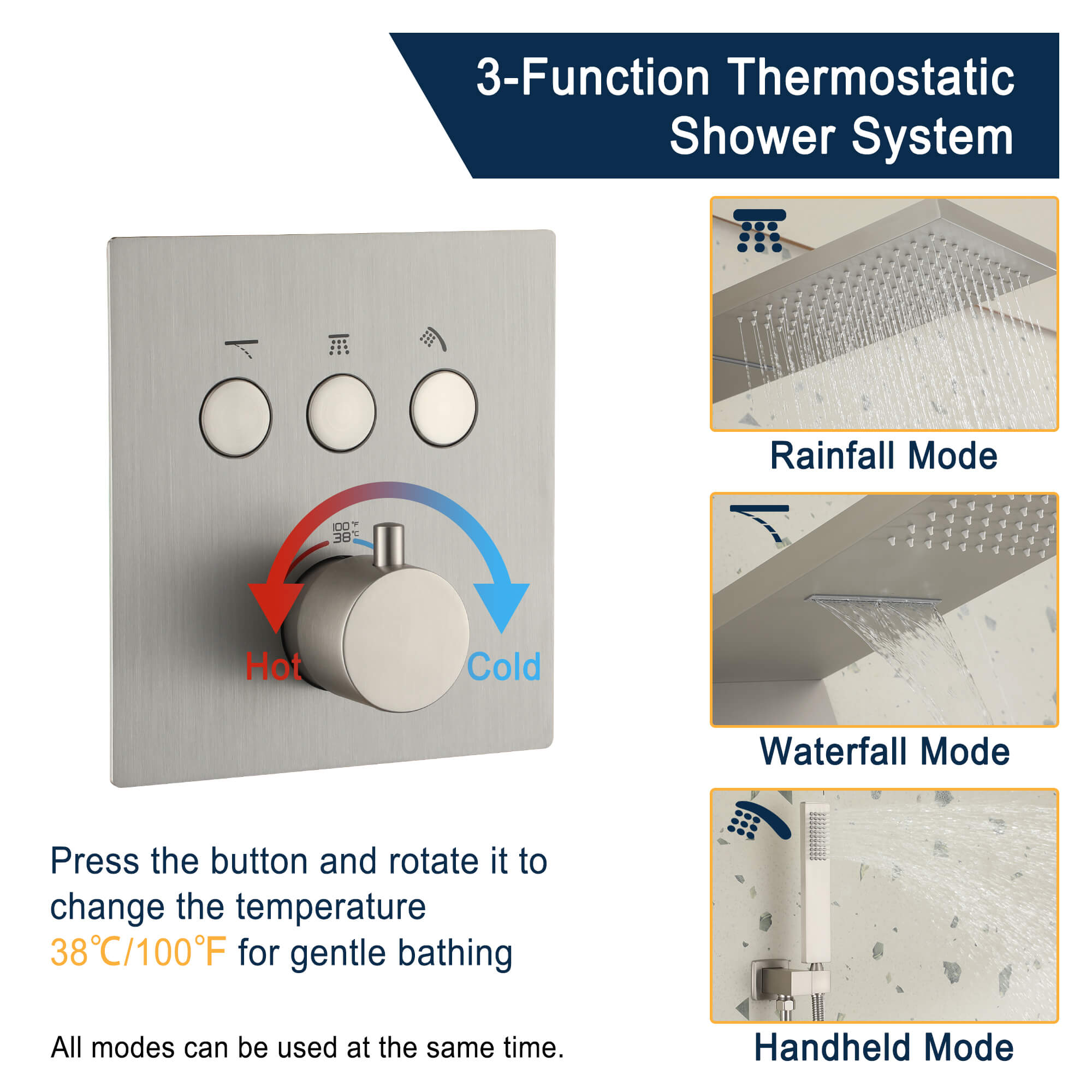 Wall-Mounted Rainfall & Waterfall Shower Head System with Handheld Shower