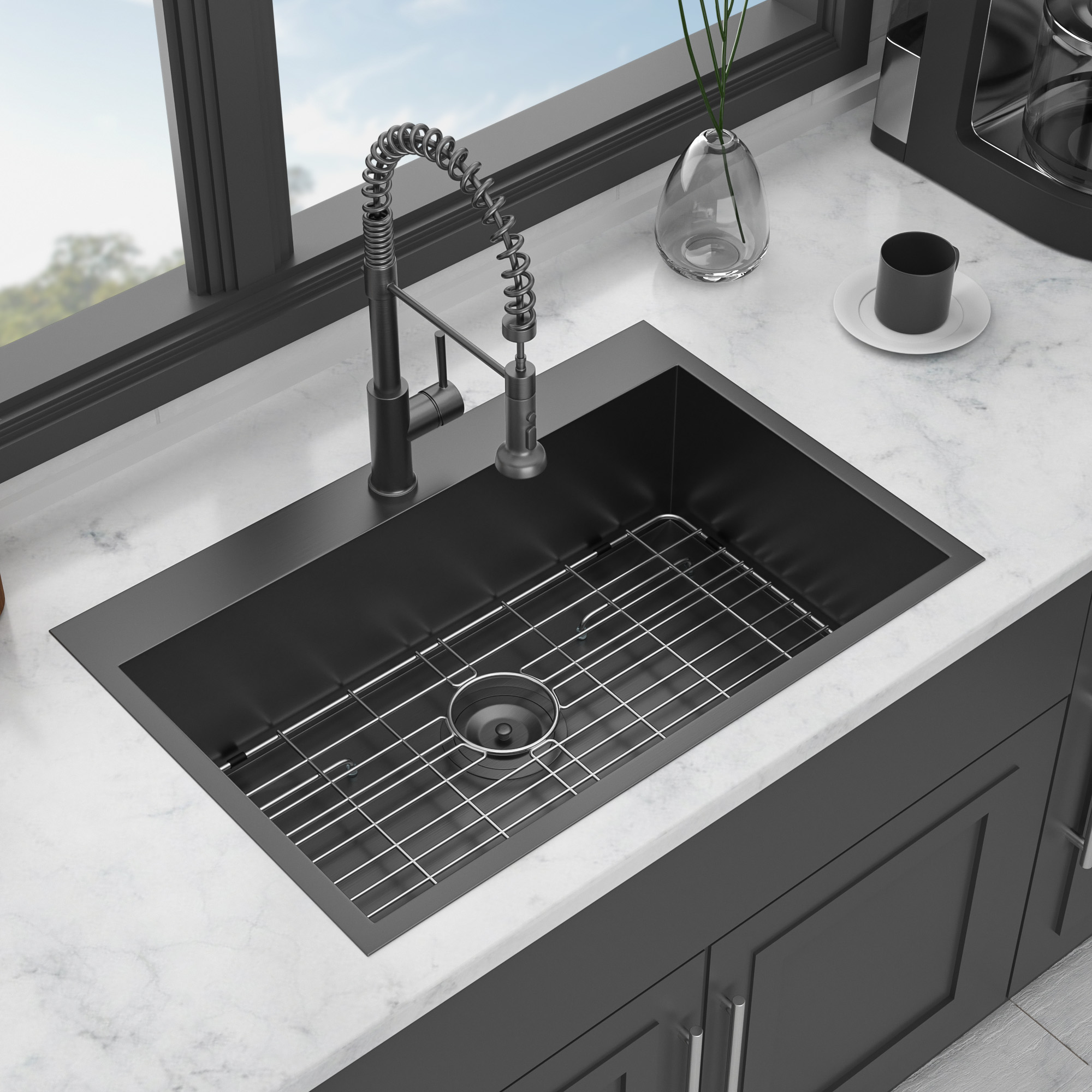 33 Drop In Kitchen Sink - Topmount Gunmetal Black Stainless Steel 18 Gauge Singe Bowl Kitchen Sink Basin