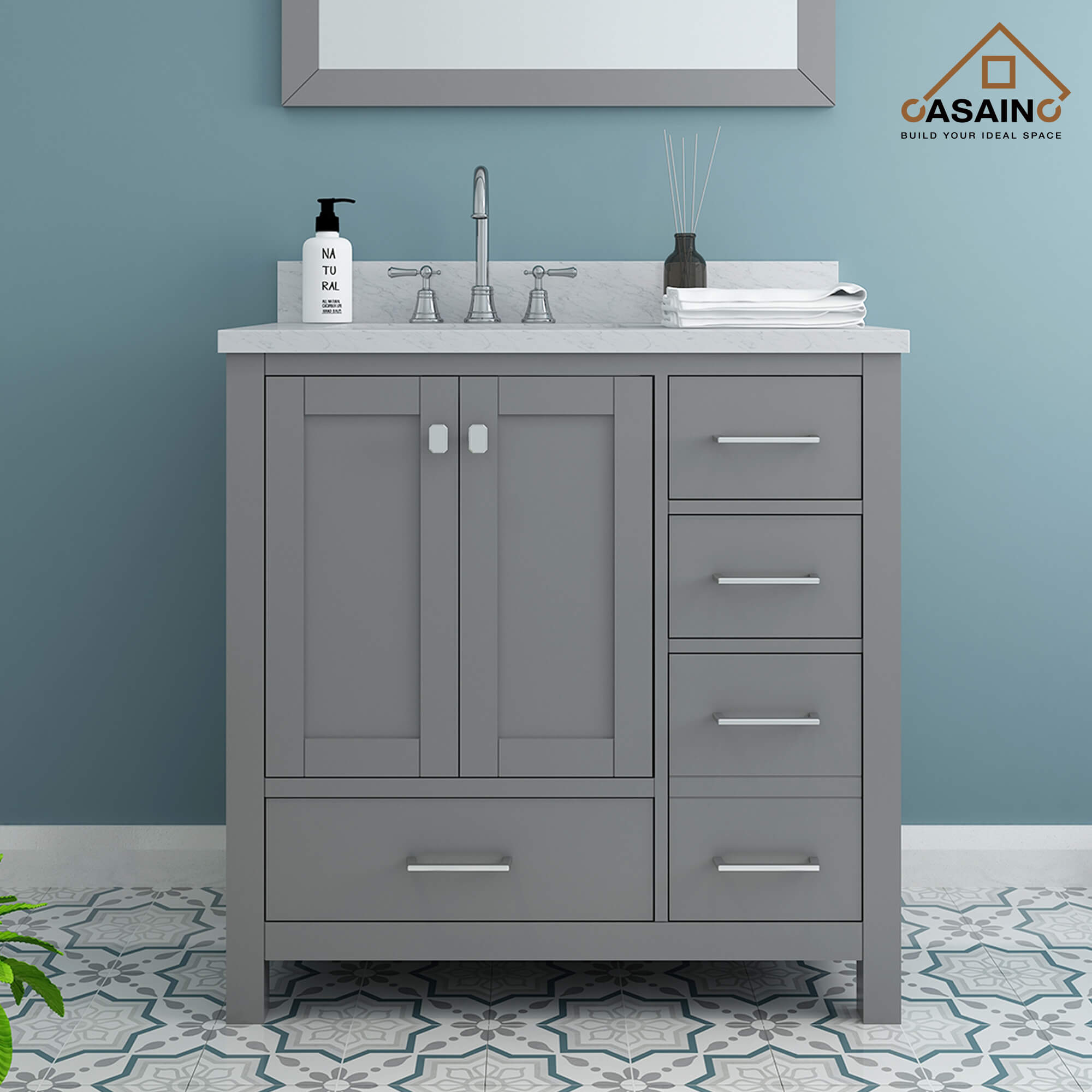 CASAINC 36 x 22 x 35.4 in. Solid Wood Bath Vanity with Carrara White Marble Countertop in Gray (No/With Mirror)