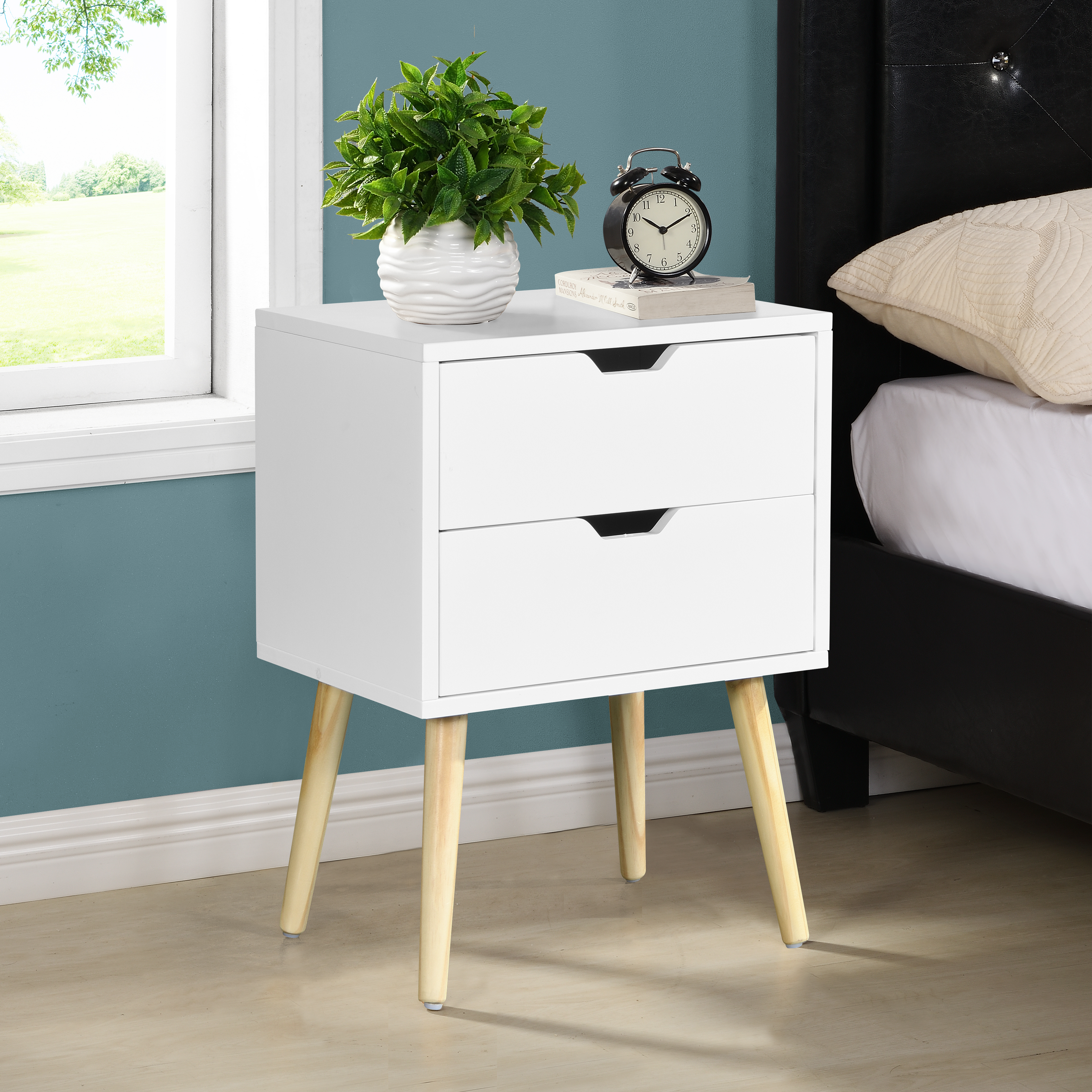 Side Table with 2 Drawer and Rubber Wood Legs, Mid-Century Modern Storage Cabinet for Bedroom Living Room Furniture, White-CASAINC