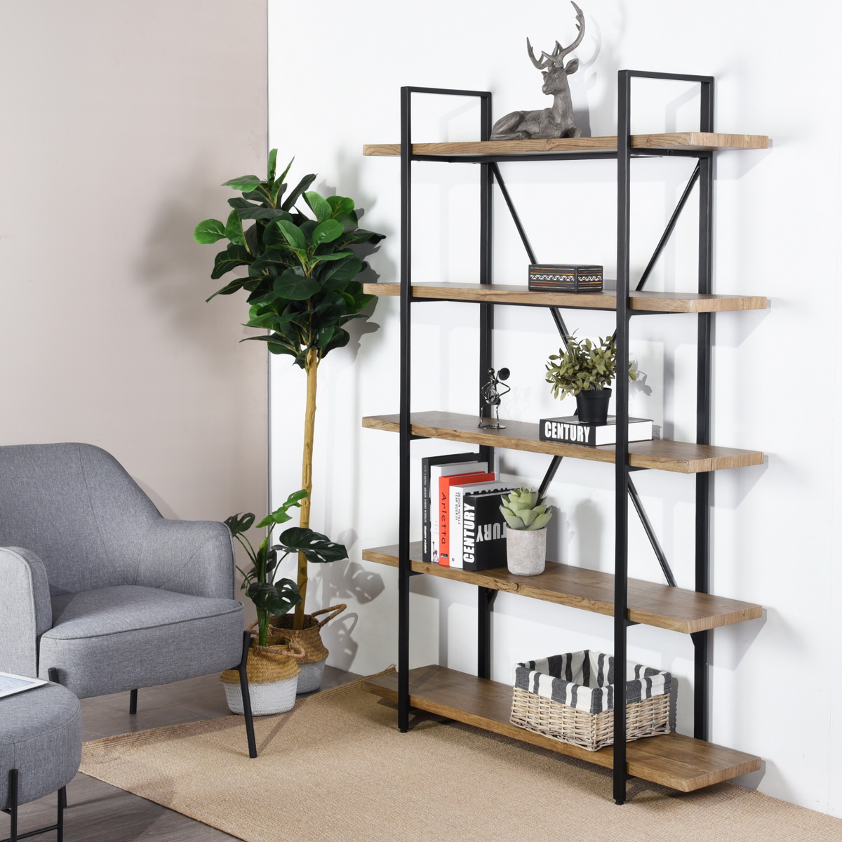 5-Tier Industrial Bookcase With Rustic Wood And Metal Frame, Large Open Bookshelf For Living Room