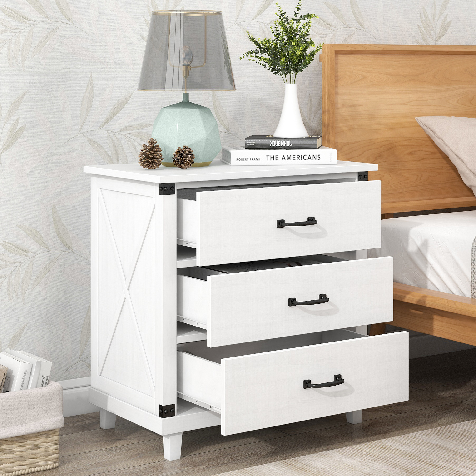 Modern Bedroom Nightstand with 3 Drawers Storage , White(OLD SKU:WF281114AAK)-CASAINC