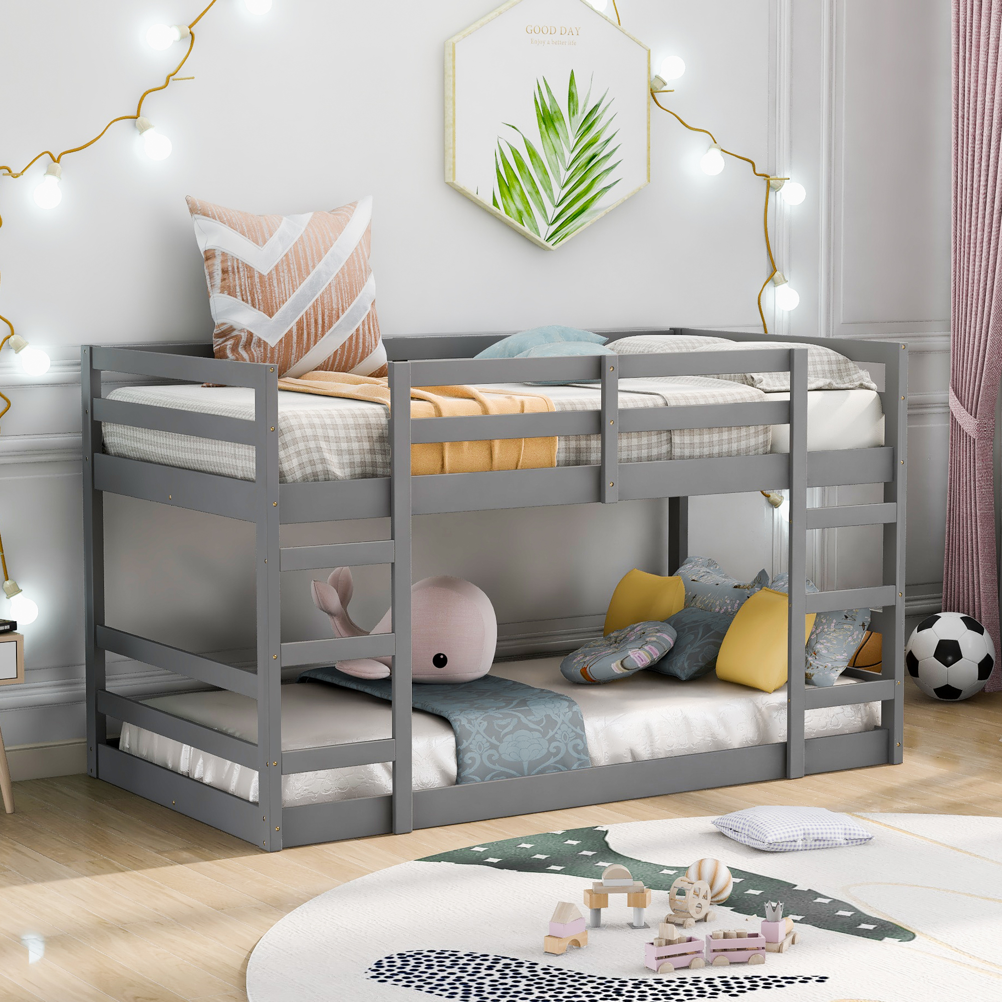 Twin Over Twin Bunk Bed with Ladder Gray