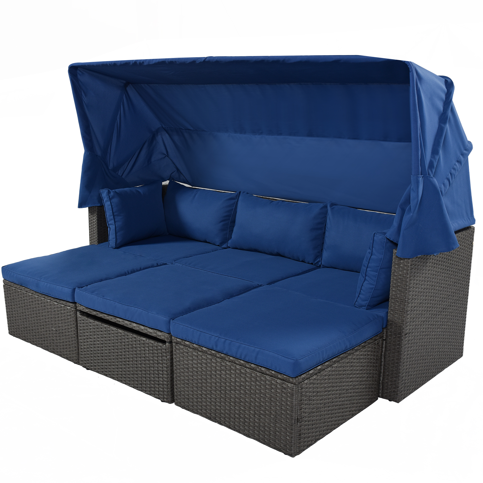 Outdoor Patio Rectangle Daybed with Retractable Canopy,  Wicker Furniture Sectional Seating with Washable Cushions, Backyard, Porch-CASAINC