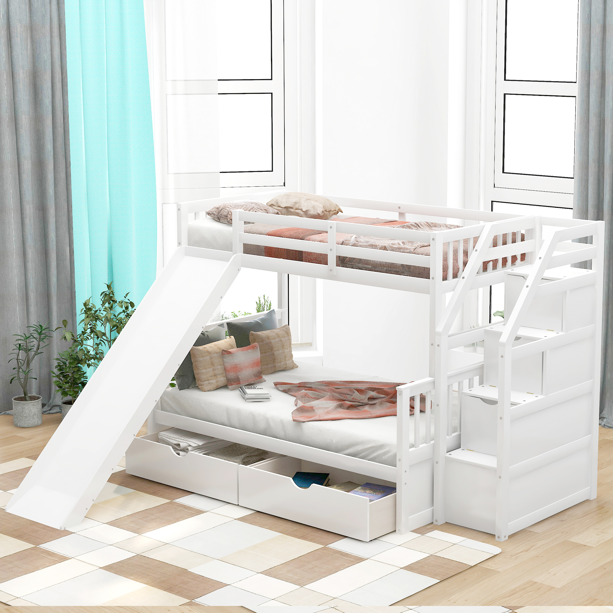 Twin over Full Bunk Bed with Drawers,Storage and Slide, Multifunction, White-CASAINC