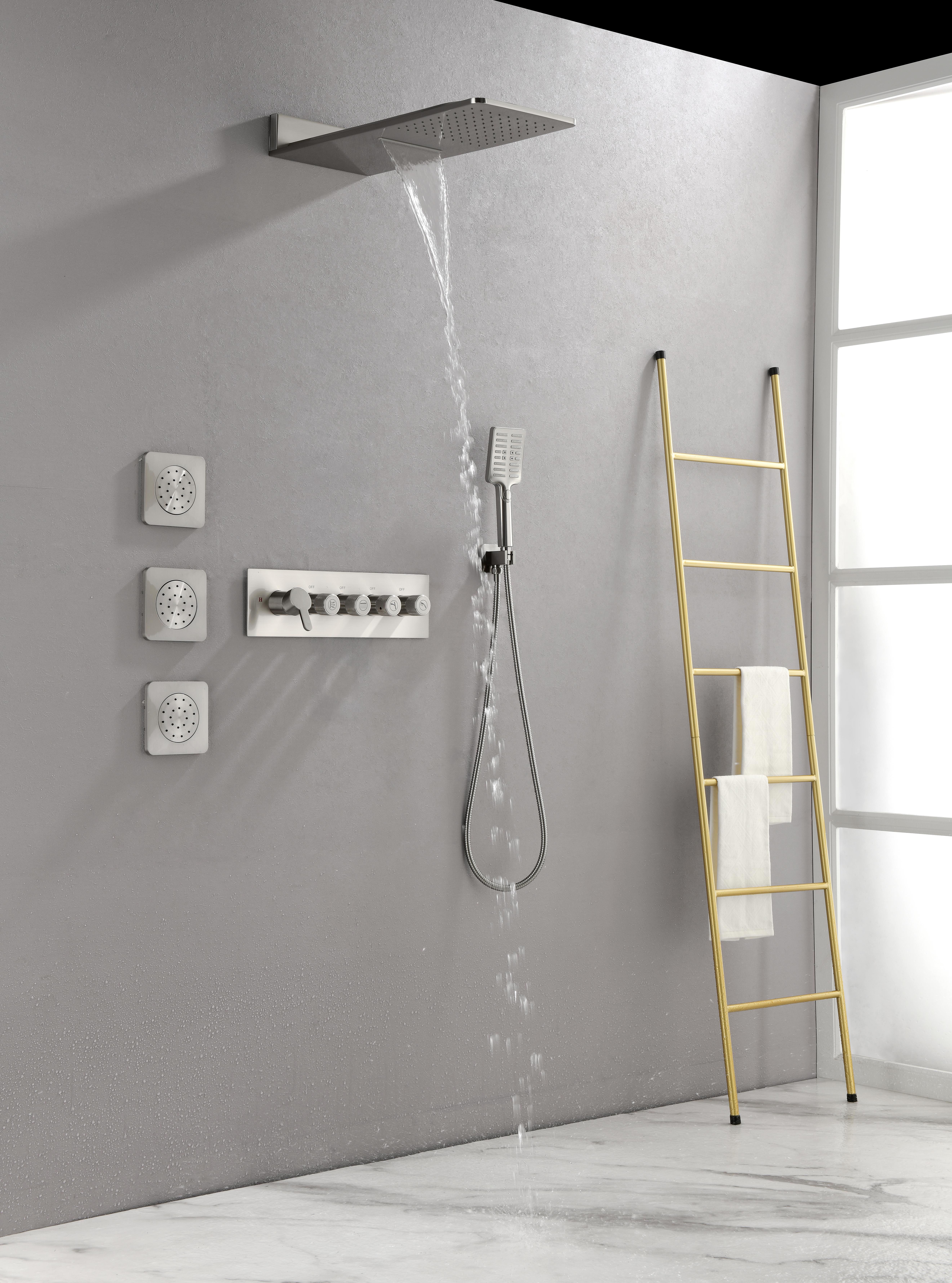 Wall Mounted Waterfall Rain Shower System With 3 Body Sprays  Handheld Shower