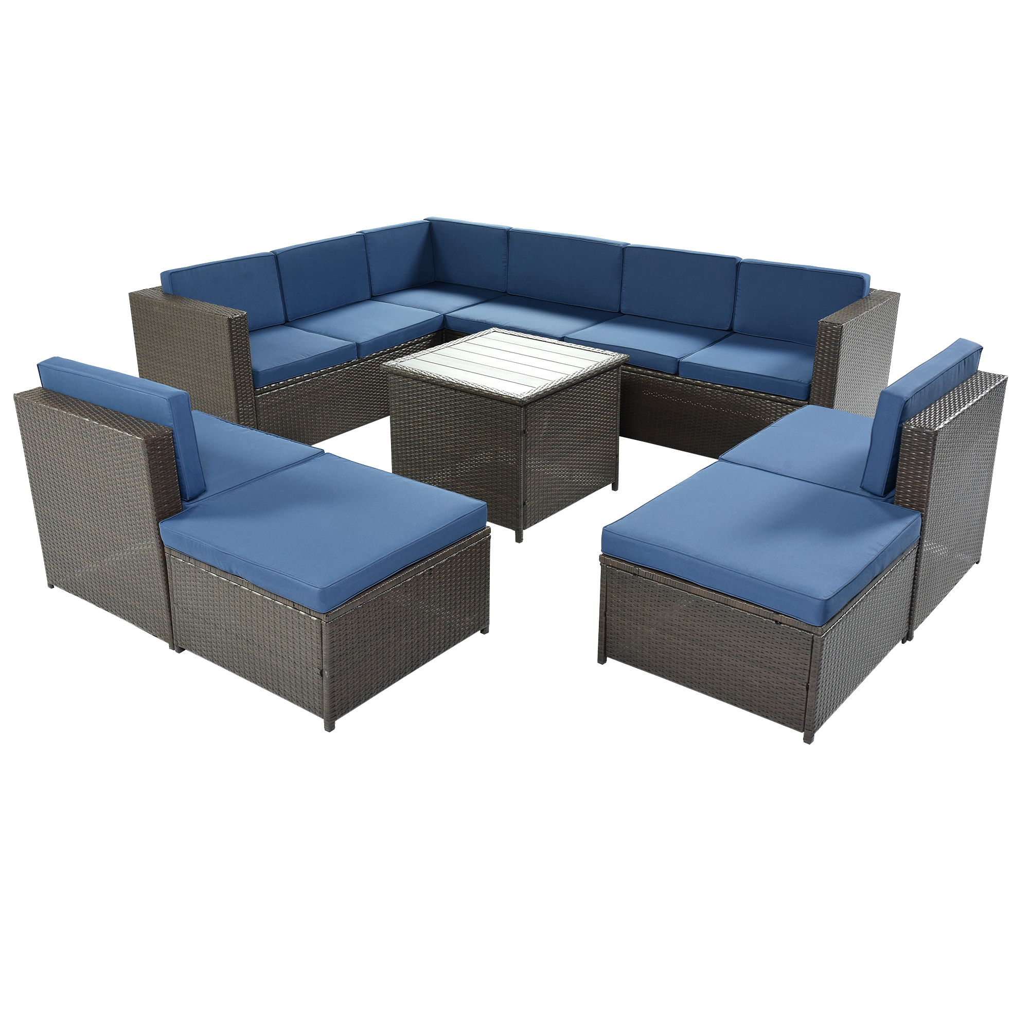 9 Piece Rattan Sectional Seating Group with Cushions and Ottoman, Patio Furniture Sets, Outdoor Wicker Sectional-CASAINC