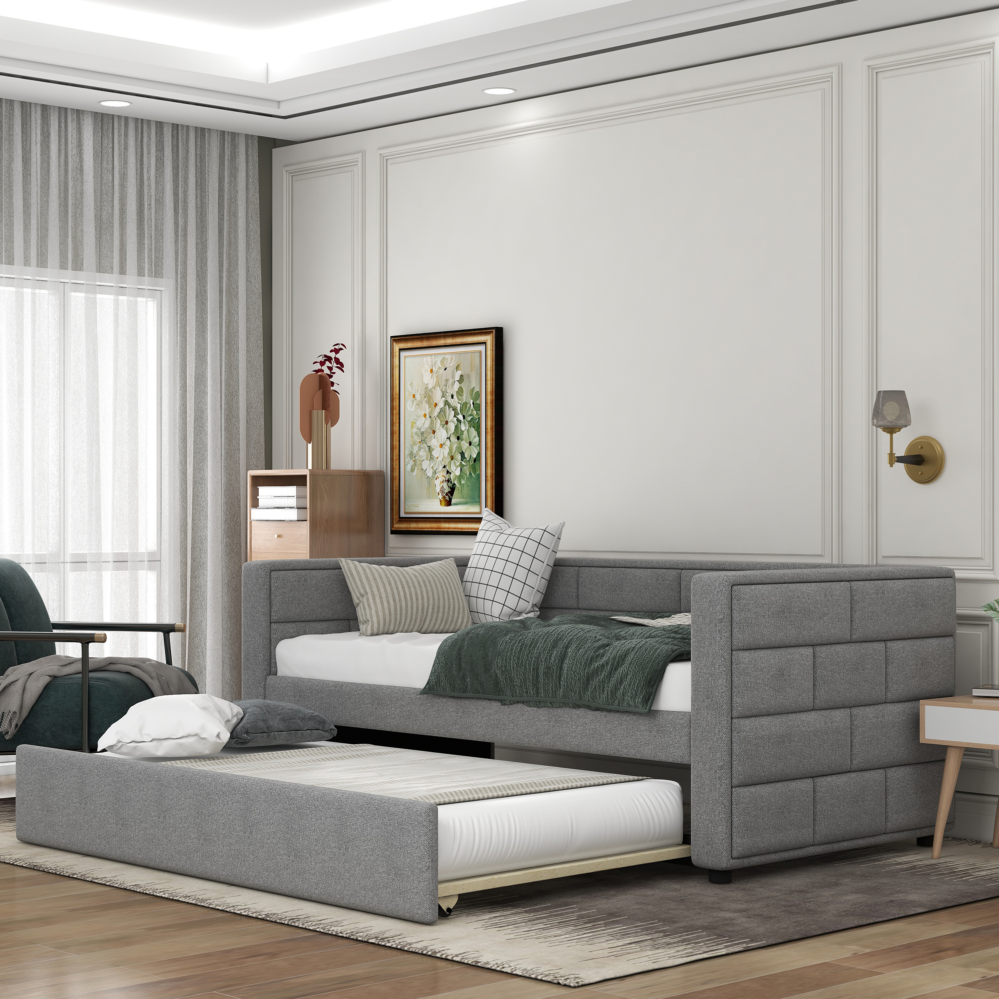 Twin Size Daybed with Trundle, Upholstered Daybed with Padded Back, Gray-CASAINC