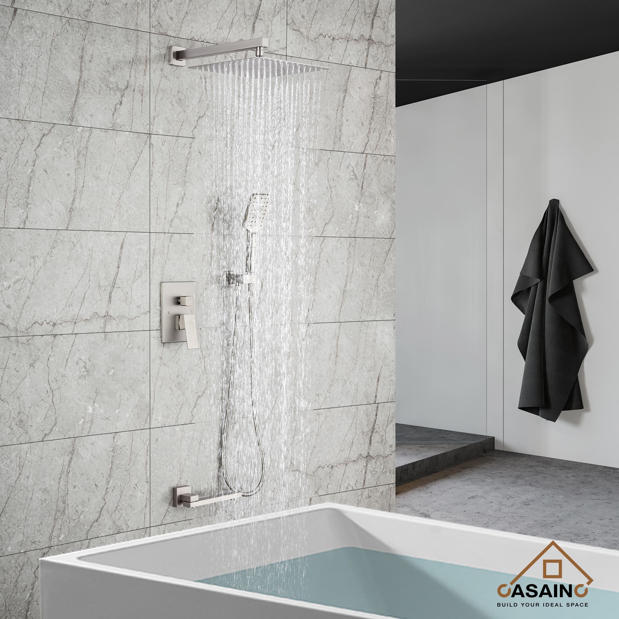 A luxury stand up grey marble shower with a rain shower head with