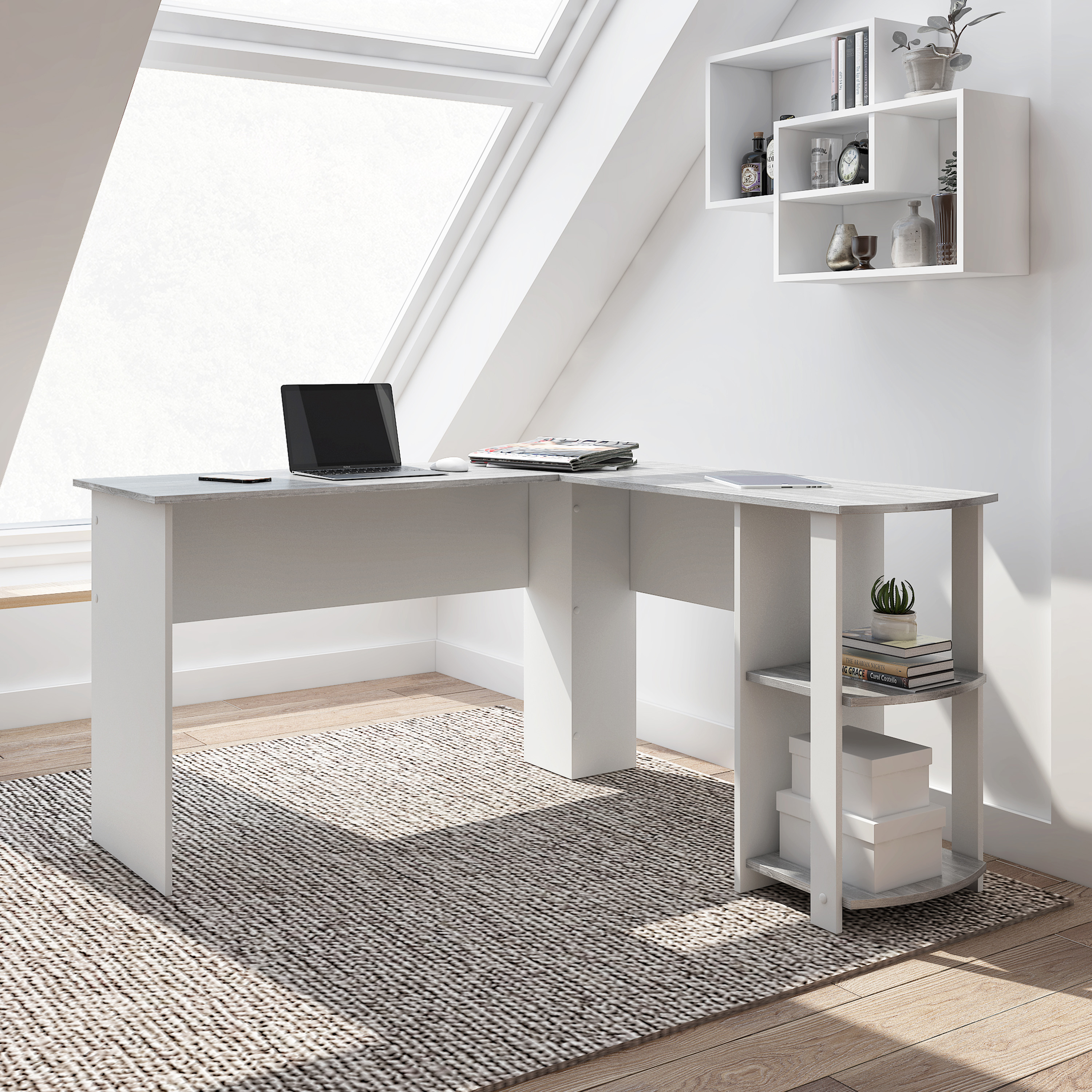 Techni Mobili Modern L-Shaped Desk with Side Shelves, Grey-CASAINC