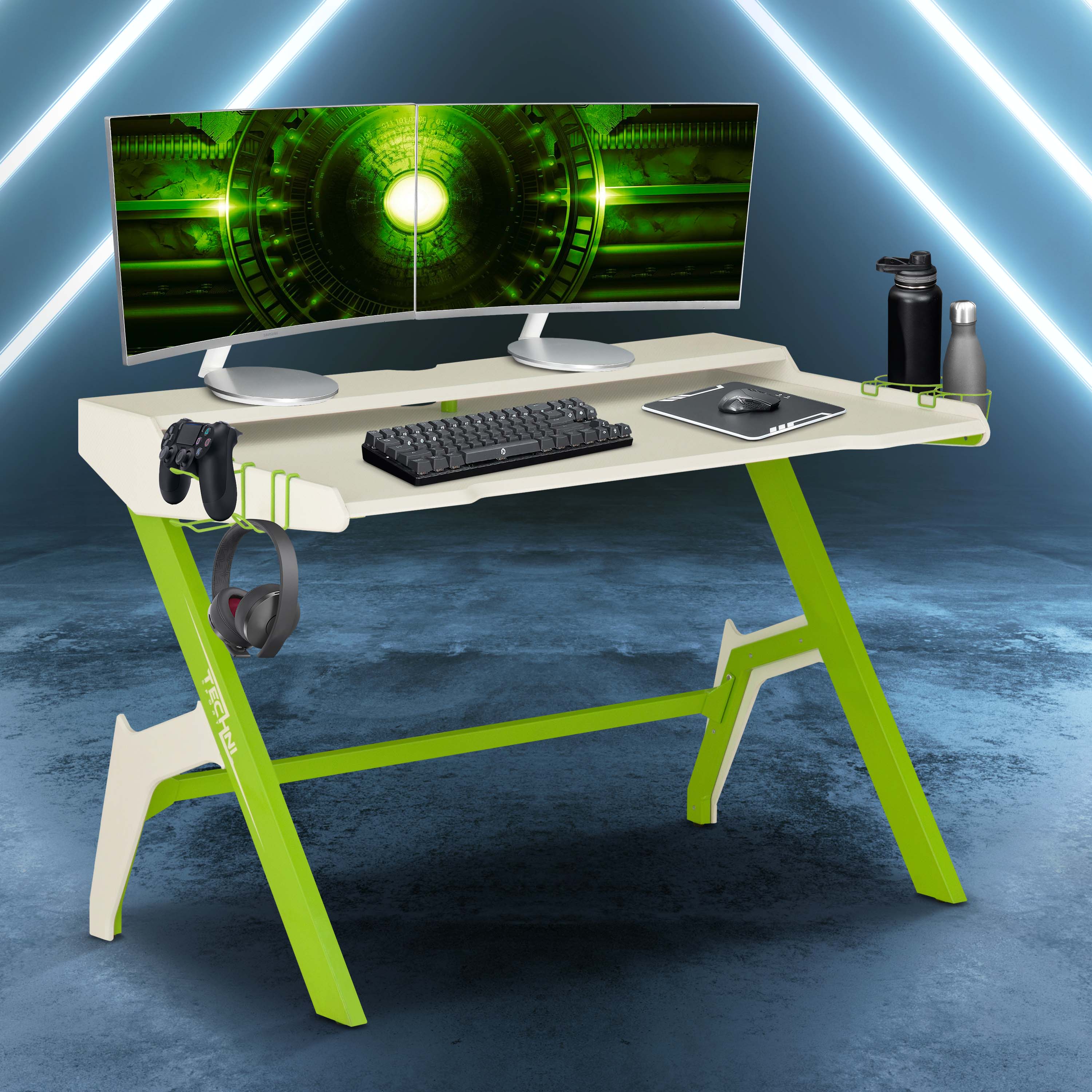 Techni Sport Ergonomic Computer Gaming  Desk Workstation with Cupholder  Headphone Hook, Green-CASAINC