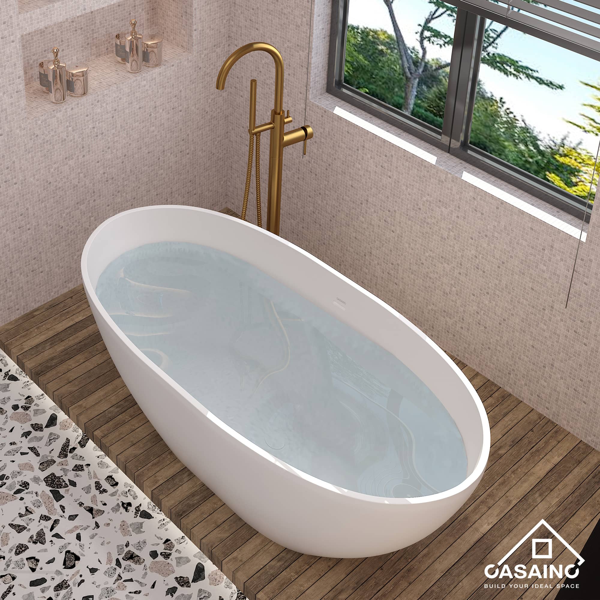 CASAINC 61 in. Solid Surface Free-Standing Bathtub with Centre Drain in Matte White