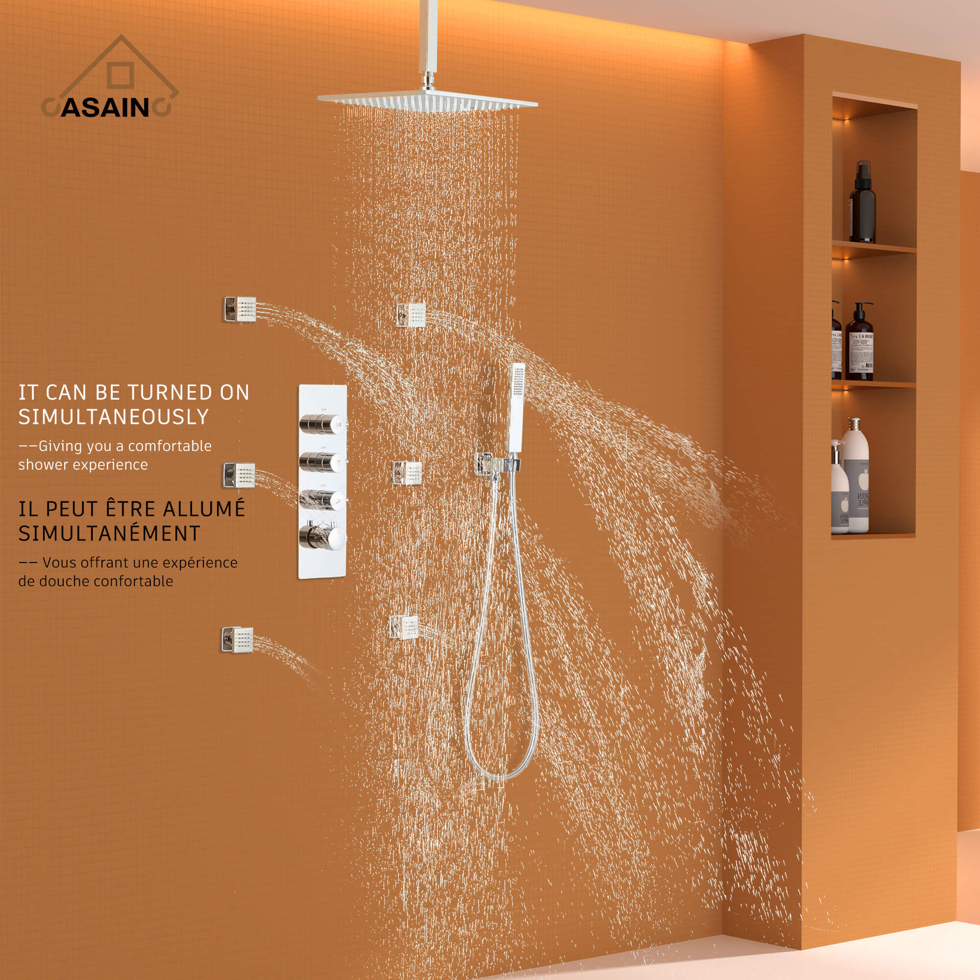 CASAINC Chrome 12 Inch 6-Spray Rainfall Built-In Shower System