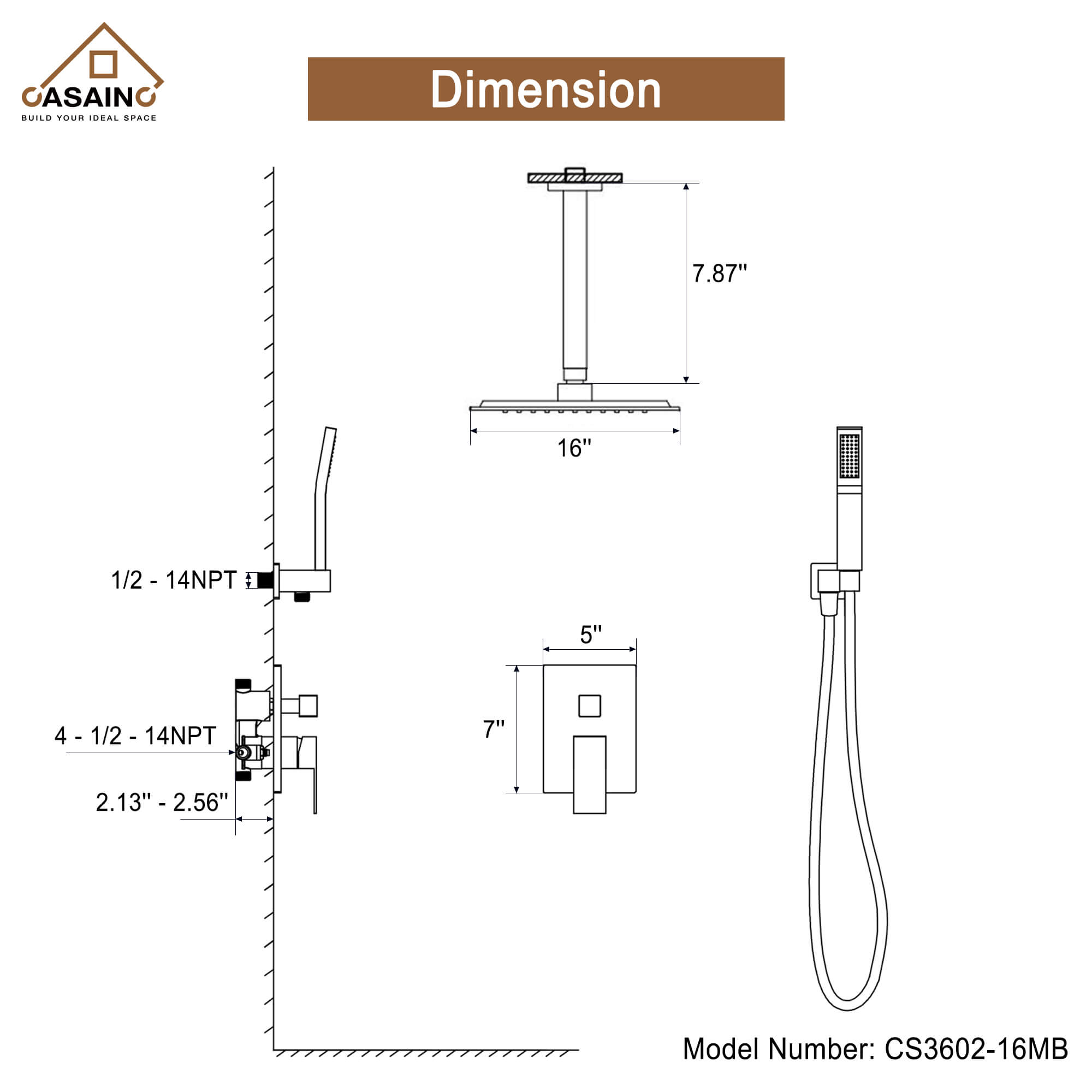 CASAINC Wall-Mounted/Ceiling-Mounted 2-Function Shower System with Handheld Shower in Matte Black