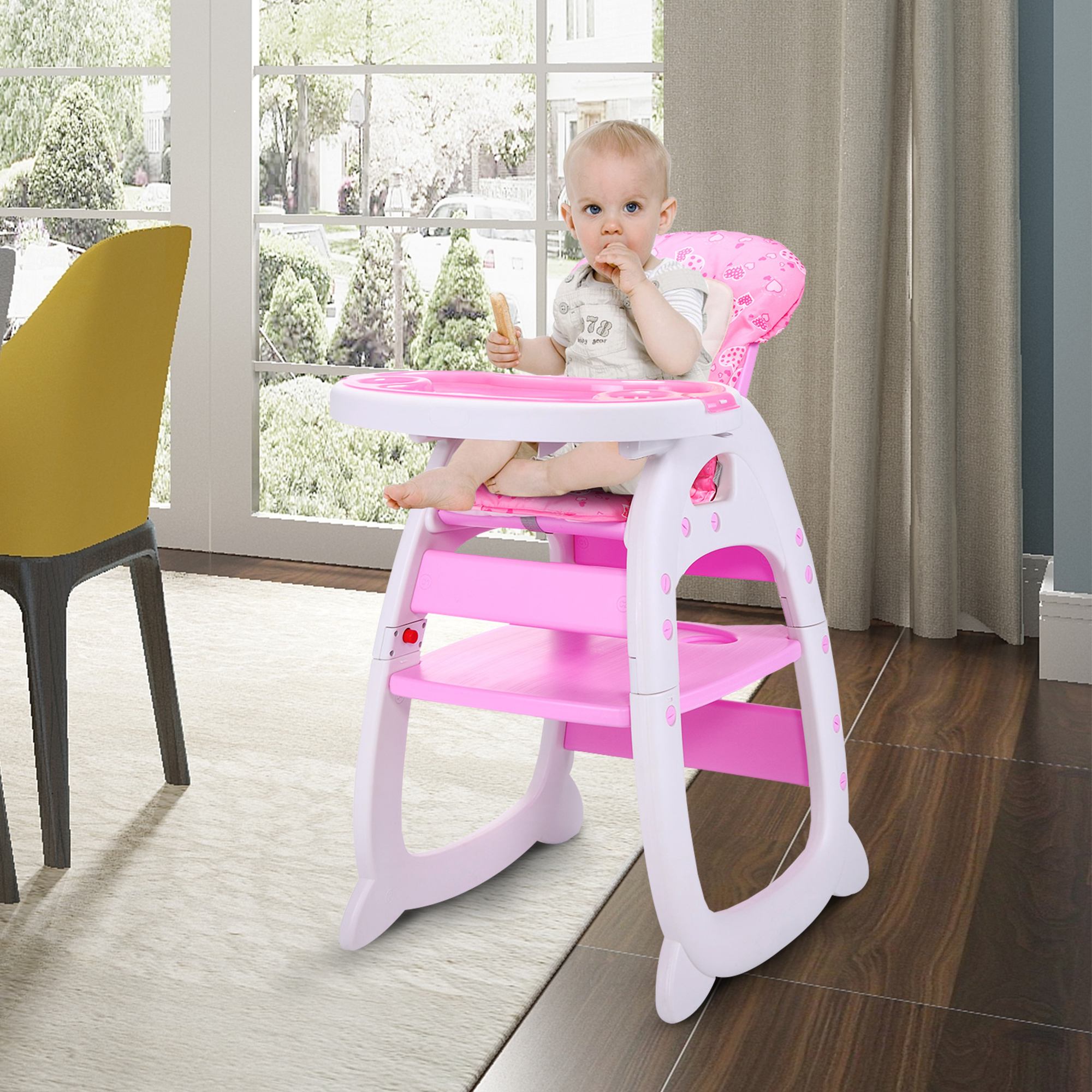 Multipurpose Adjustable Highchair for Baby Toddler Dinning Table with Feeding Tray and 5-Point Safety Buckle, Pink-CASAINC