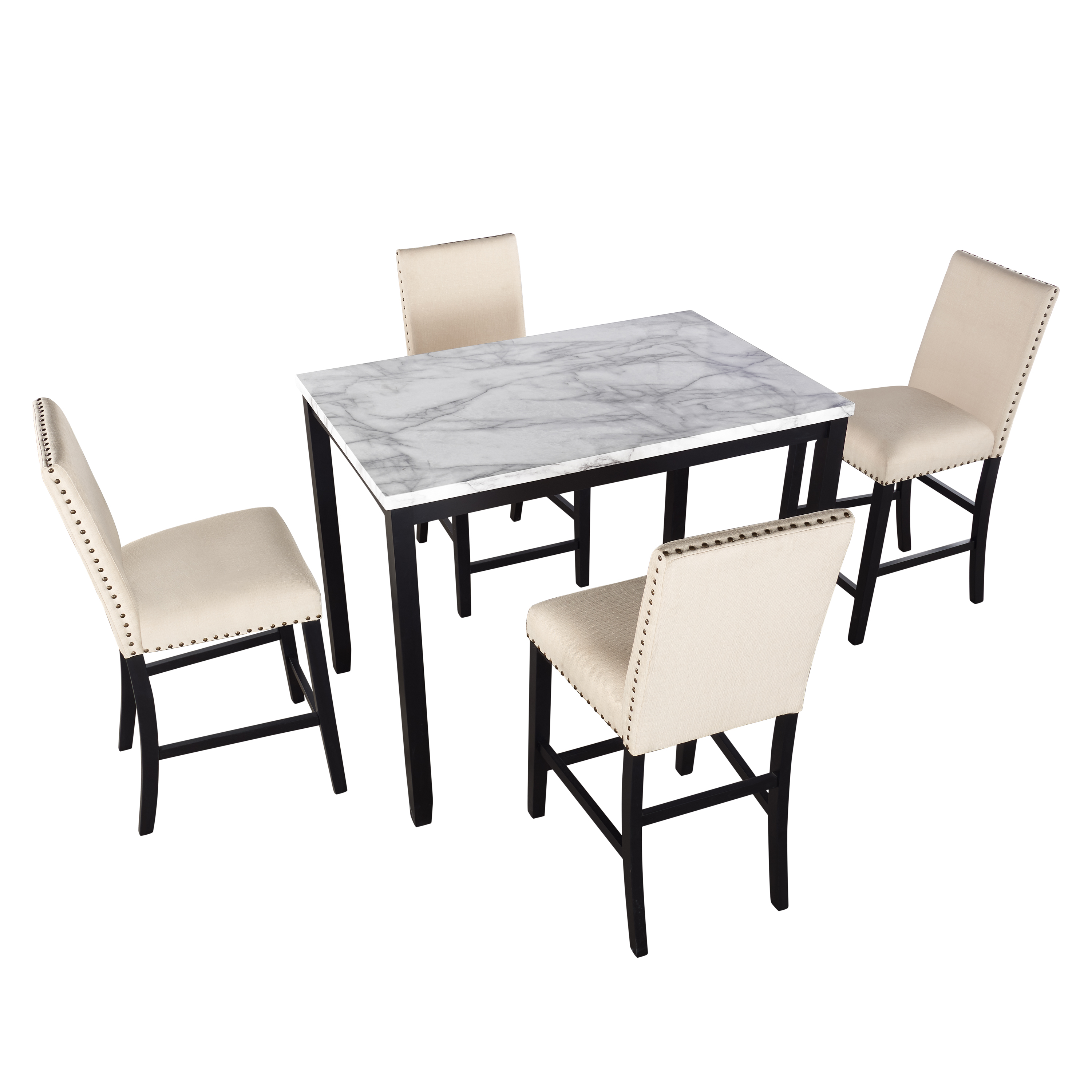 5 Piece Counter Height Faux Marble Modern Dining Set with Matching Chairs and Marble Veneer  for Home, Beige-CASAINC