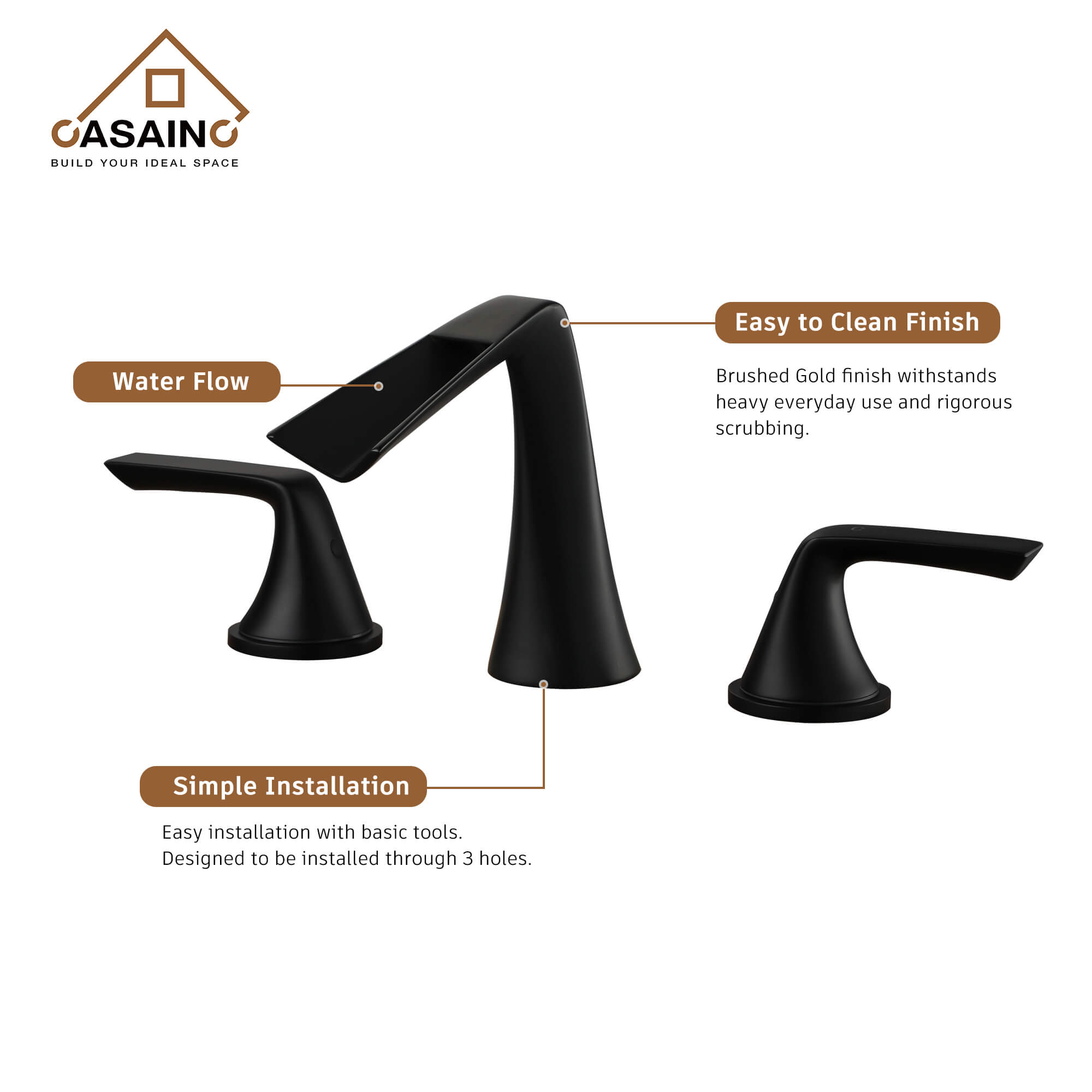 Casainc Matte Black 5.35-in 2-Handle Widespread Watersense Labelled Bathroom Sink Faucet