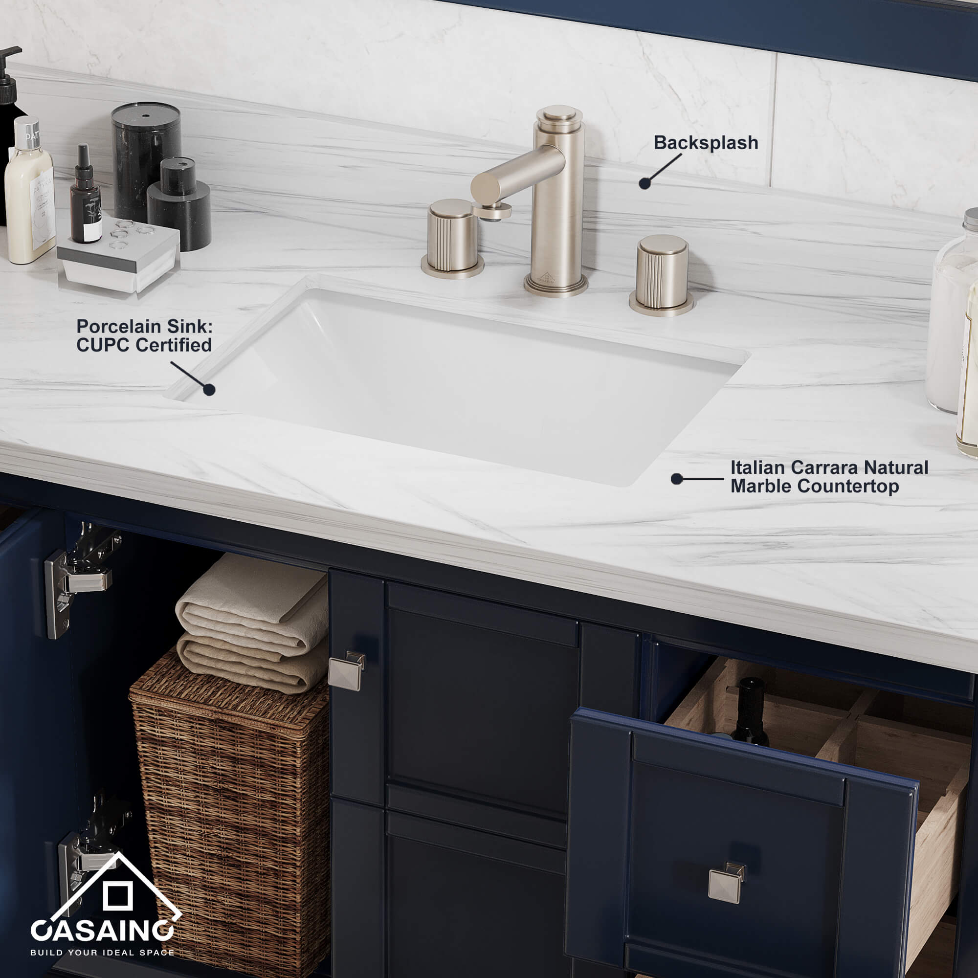 CASAINC 48 x 22 x 35.4 in. Solid Wood Navy Blue Bath Vanity with Carrara White Marble Countertop (No/With Mirror)