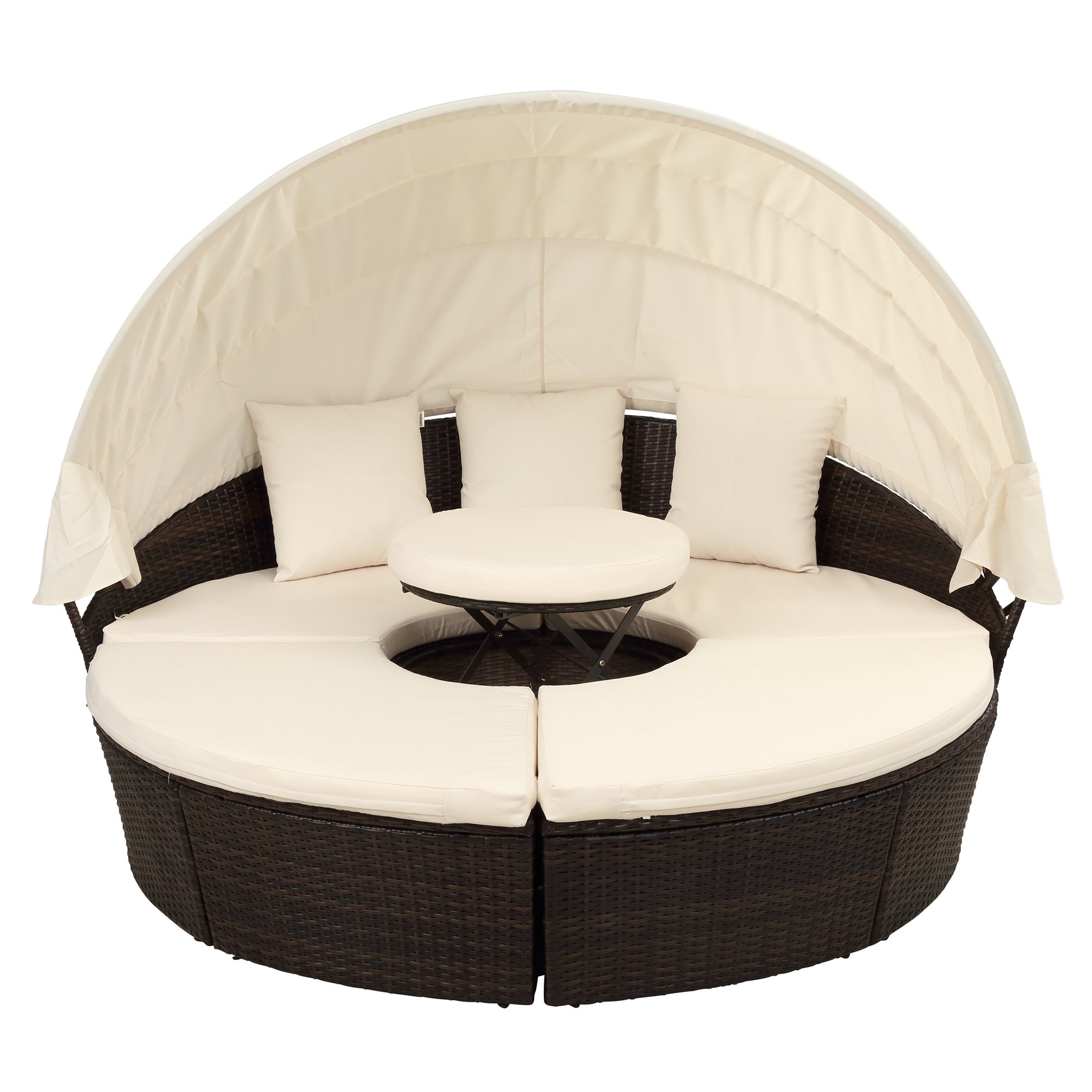 Patio Furniture Round Outdoor Sectional Sofa Set Rattan Daybed Sunbed with Retractable Canopy, Separate Seating and Removable Cushion-CASAINC