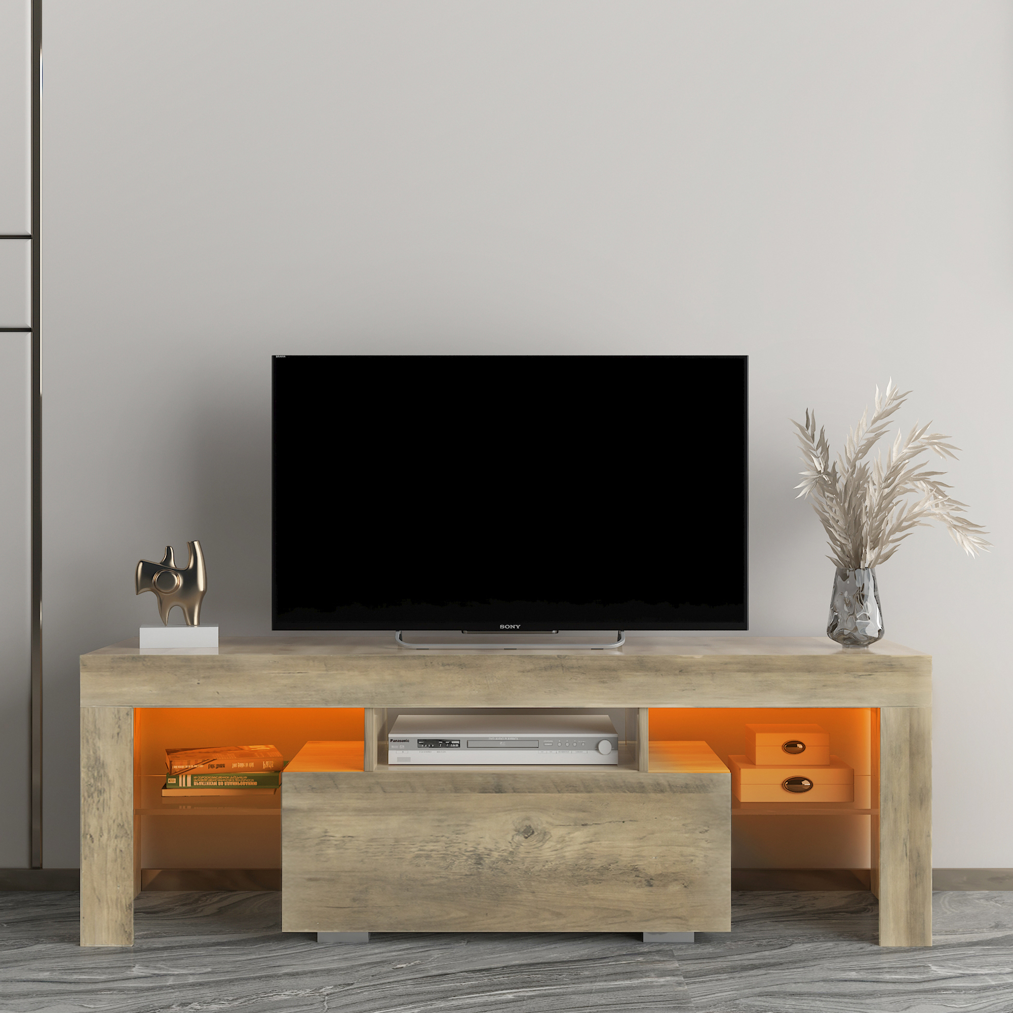 TV Stand with LED RGB Lights,Flat Screen TV Cabinet, Gaming Consoles - in Lounge Room, Living Room and Bedroom,Rustic oak-CASAINC