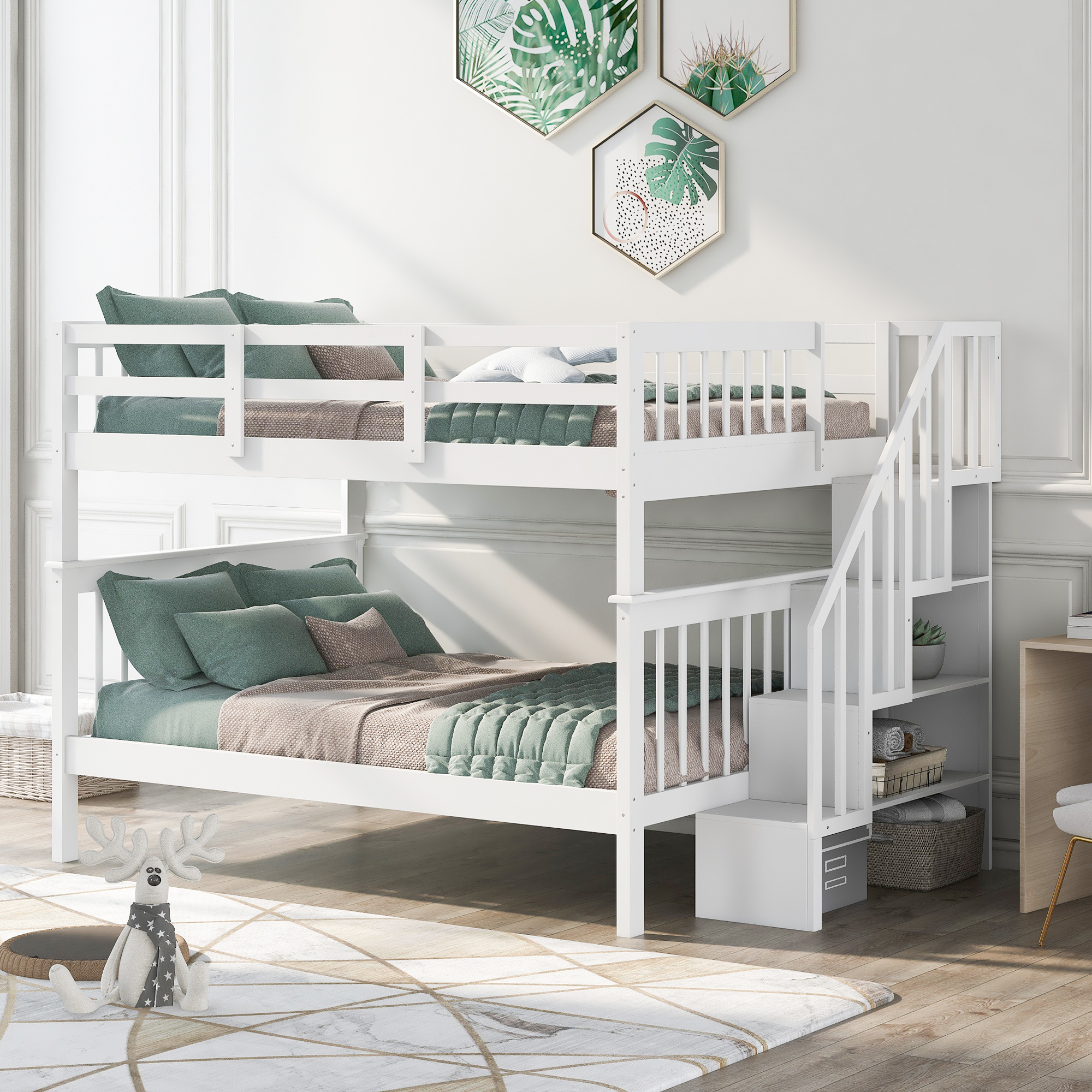 Stairway Full-Over-Full Bunk Bed with Storage and Guard Rail for Bedroom, Dorm, White color(OLD SKU :LP001110AAK)-CASAINC