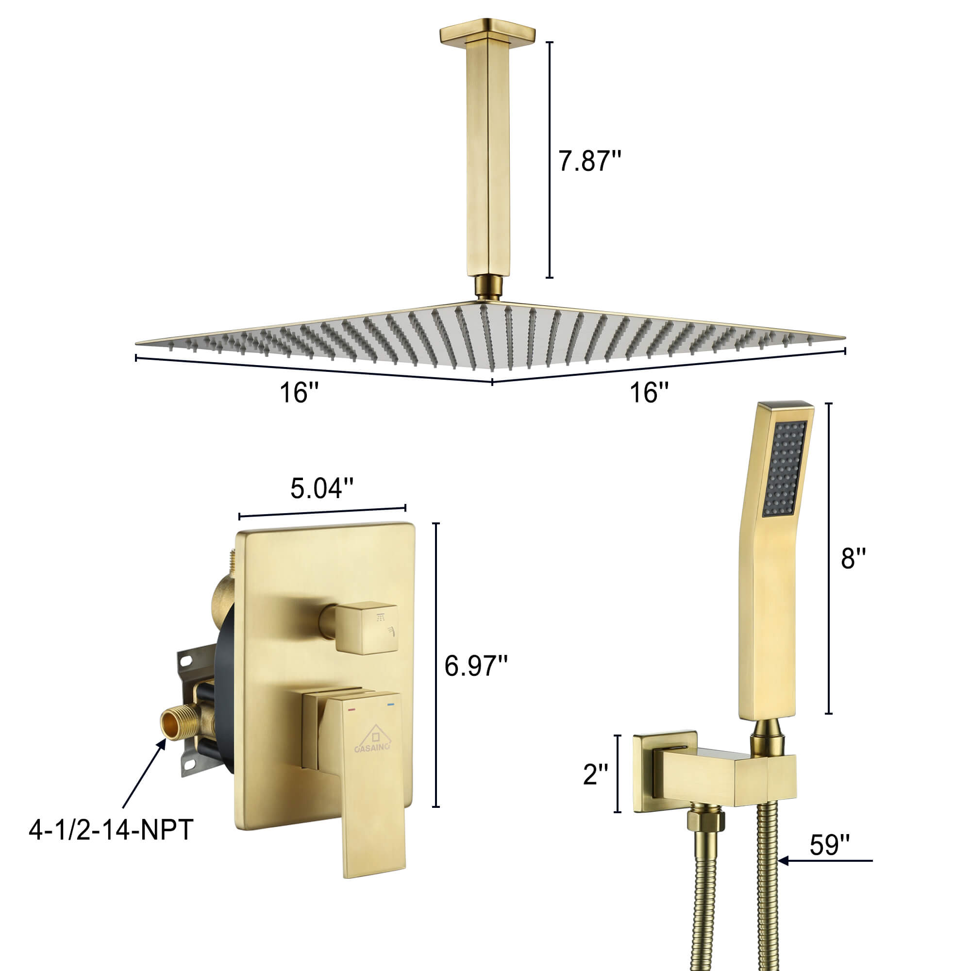 Casainc 2-Function Wall-Mounted/Ceiling-Mounted Shower System with Handheld Shower in Brushed Gold