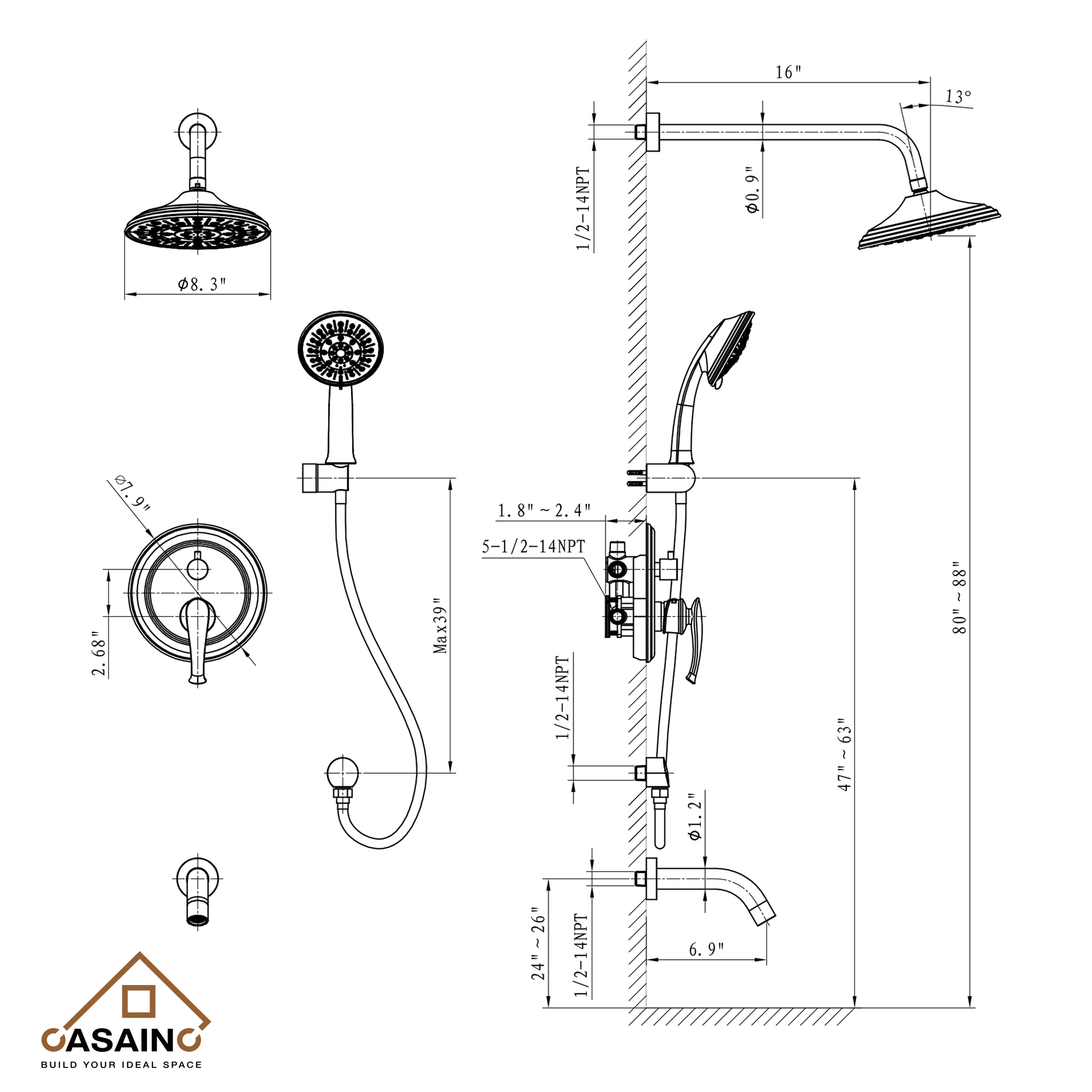 CASAINC 8.3 inch Wall-mounted rain shower faucet with pressure balanced valve