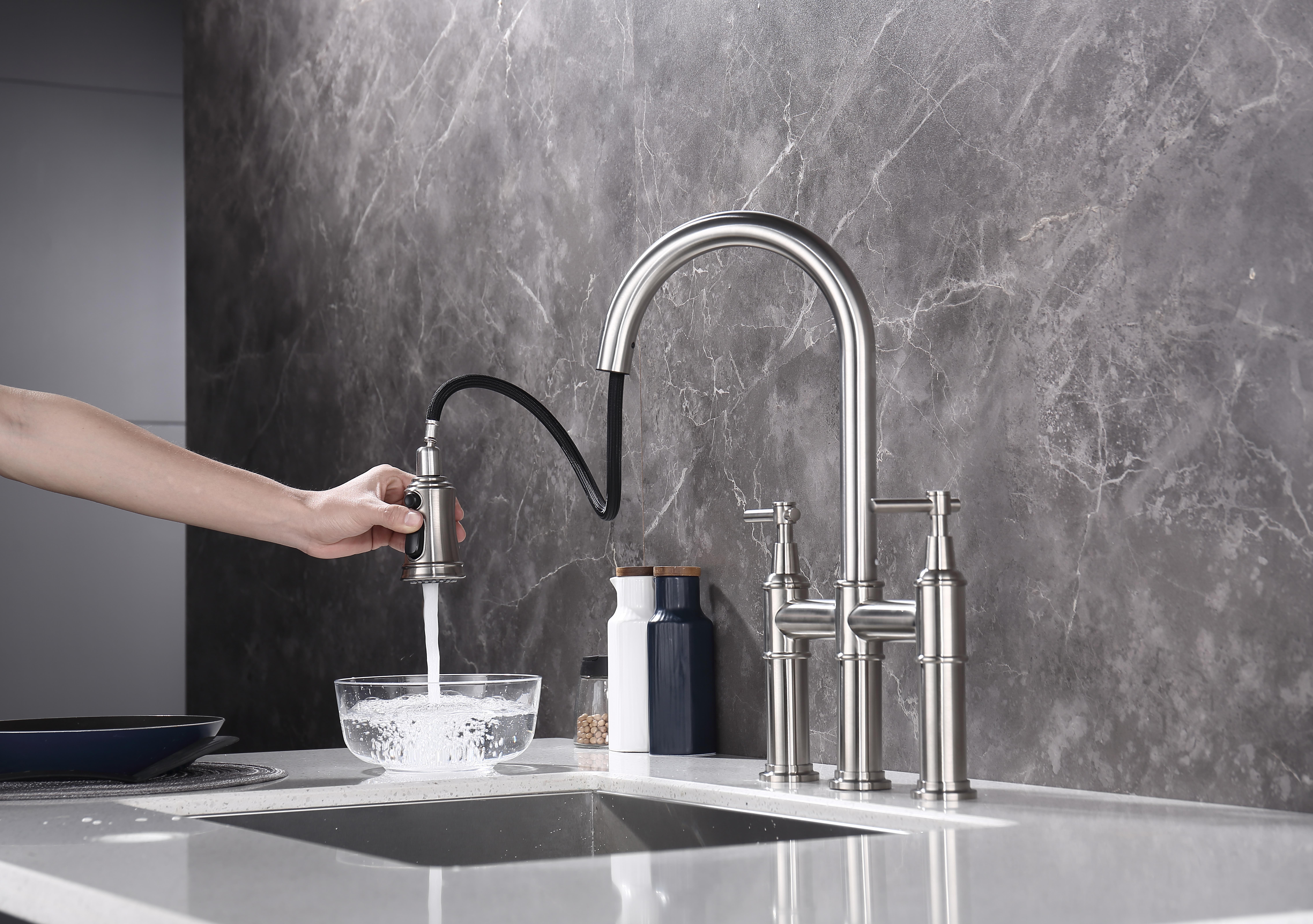 Bridge Kitchen Faucet with Pull-Down Sprayhead in Spot