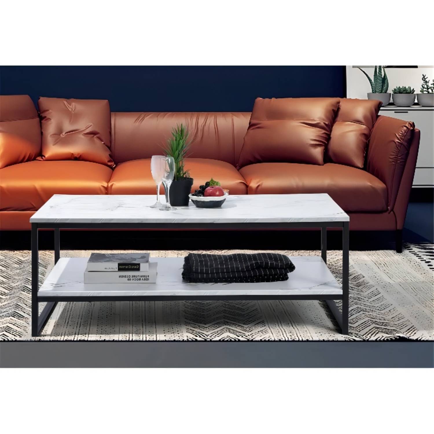 43.3 inch Coffee Table With Storage Shelf- Marble and Black