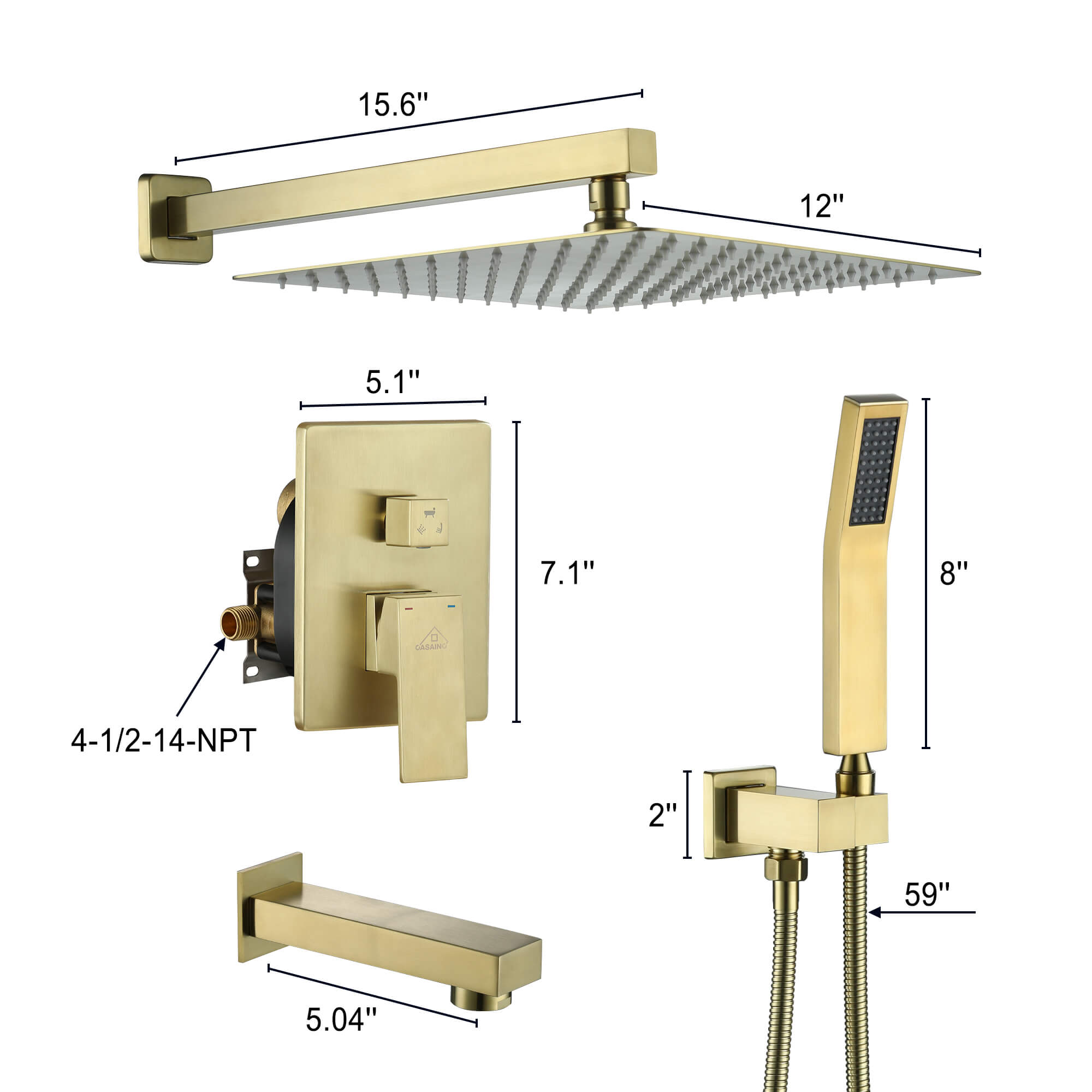 CASAINC 12 inch Wall Mounted Shower System with Bathtub Faucet and Hand Shower