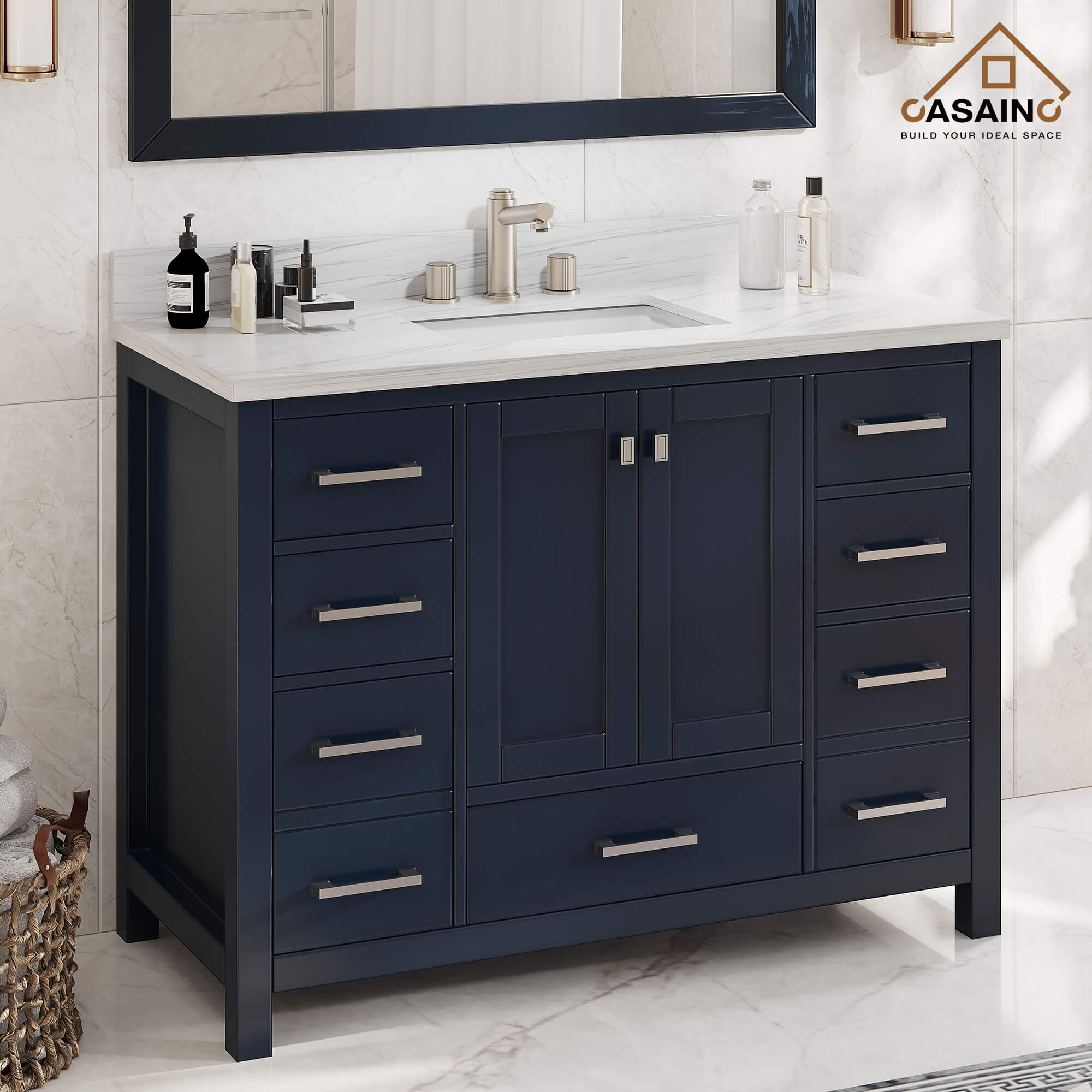 CASAINC 48 x 22 x 35.4 in. Solid Wood Navy Blue Bath Vanity with Carrara White Marble Countertop (No/With Mirror)
