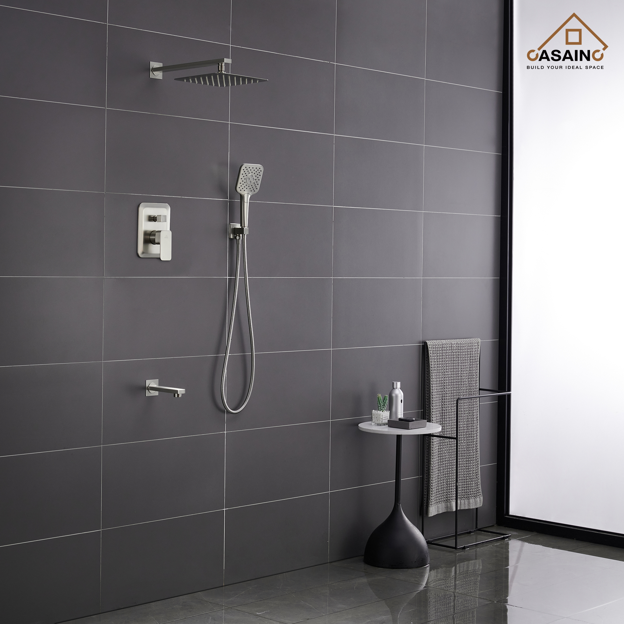 CASAINC 10 inch Square Wall-mounted rain shower faucet with pressure balanced valve