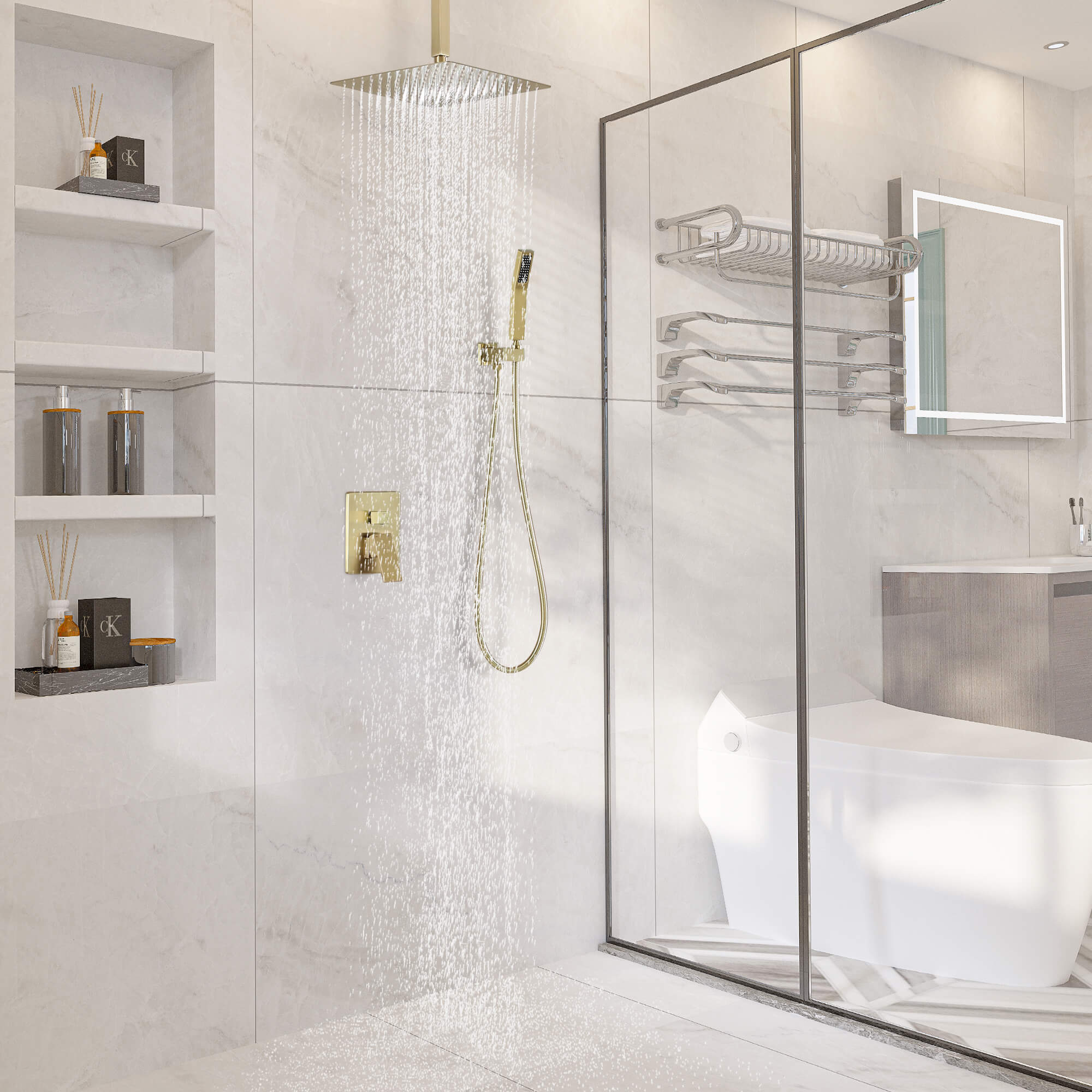Casainc 2-Function Wall-Mounted/Ceiling-Mounted Shower System with Handheld Shower in Brushed Gold