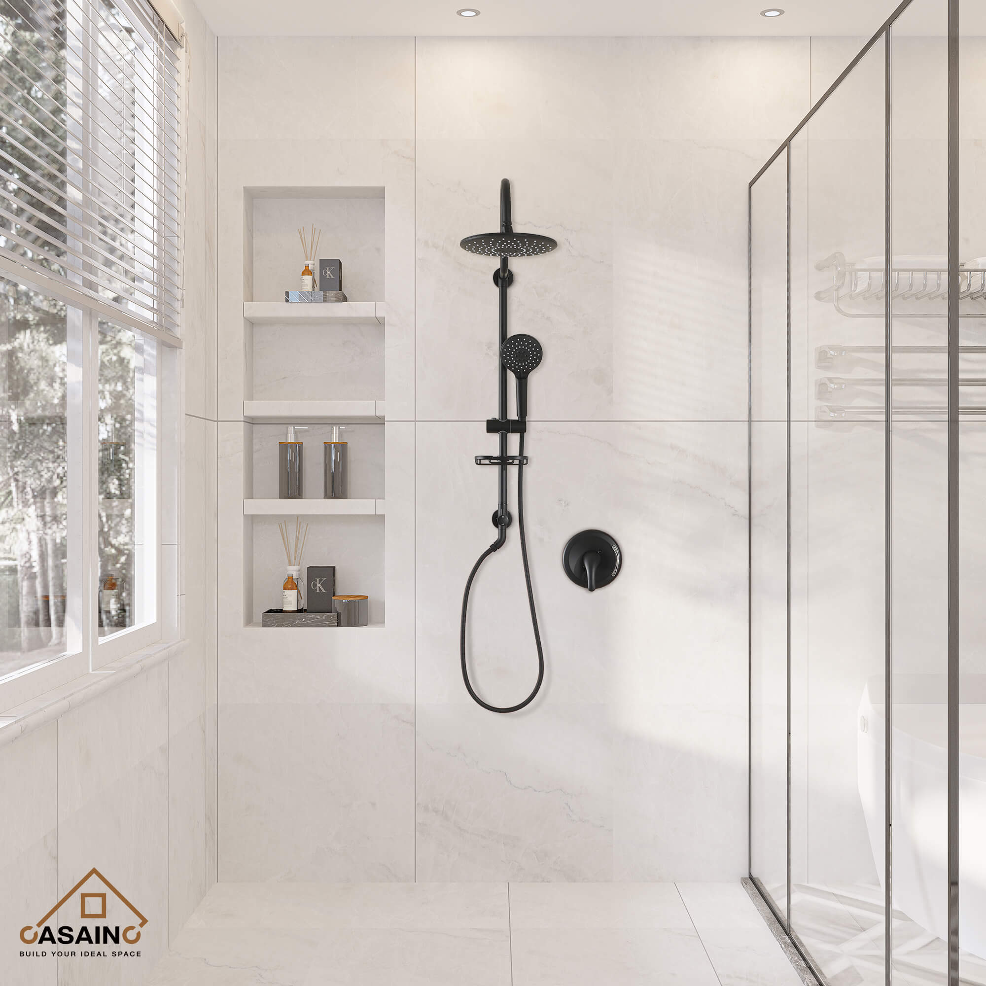 Casainc Matte Black Dual Shower Heads System with 3 Spray Patterns Hand Shower