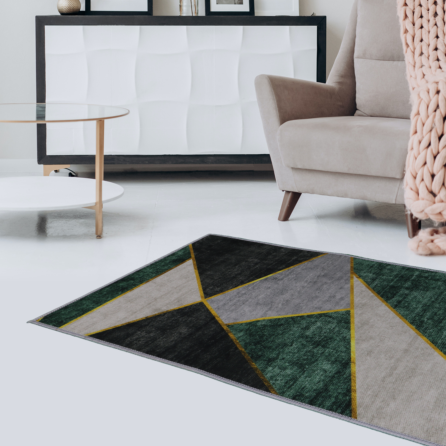 Casual Geometric Cotton Area Rug，Modern Abstract Geometric Shapes Accent Outdoor Rug 4ft x 5.3ft for Patio Bedrooms, Dining Rooms, Living Rooms Light Grey /Green-CASAINC
