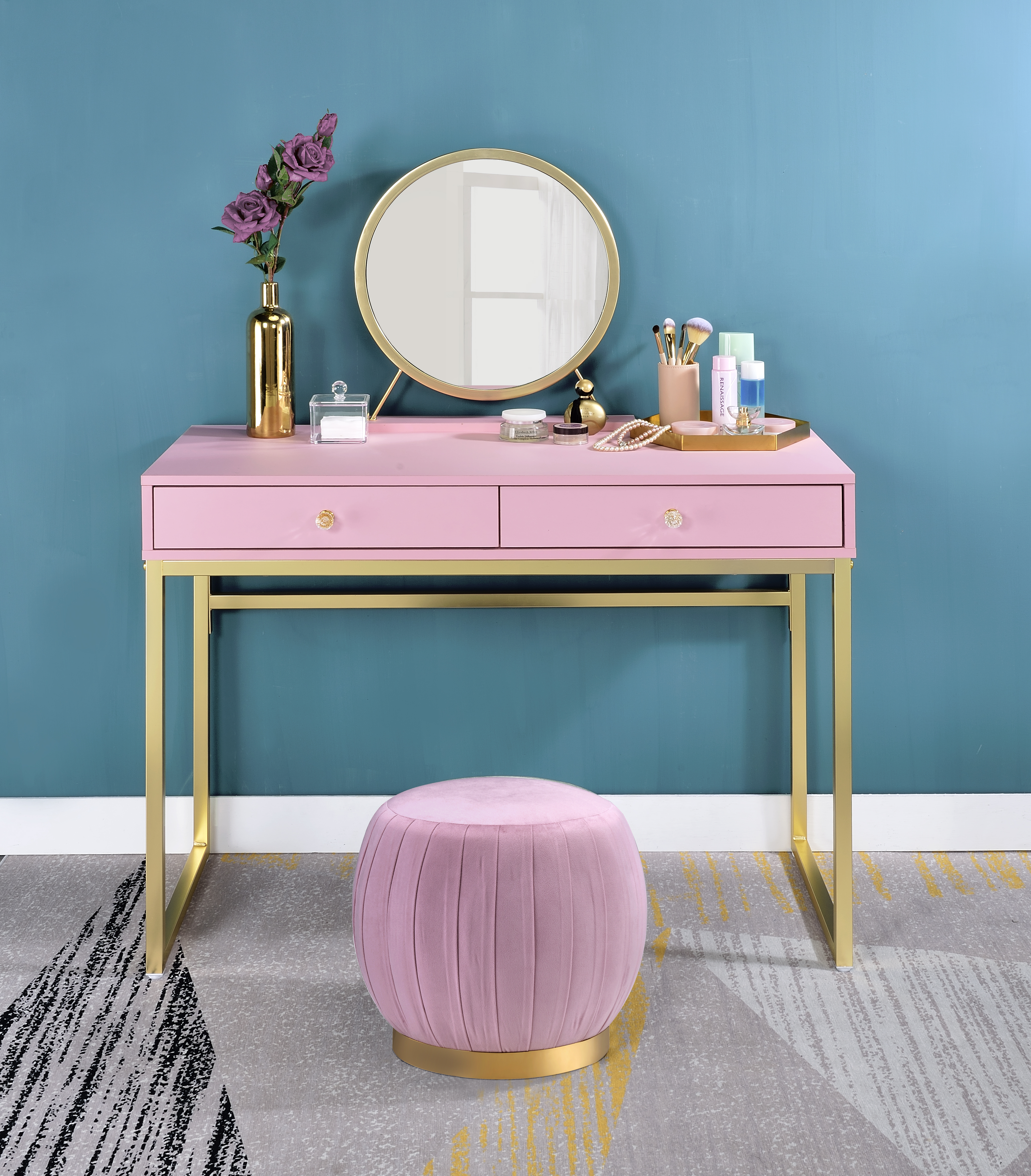 ACME Coleen Vanity Desk w/Mirror Jewelry Tray in Pink Gold Finish