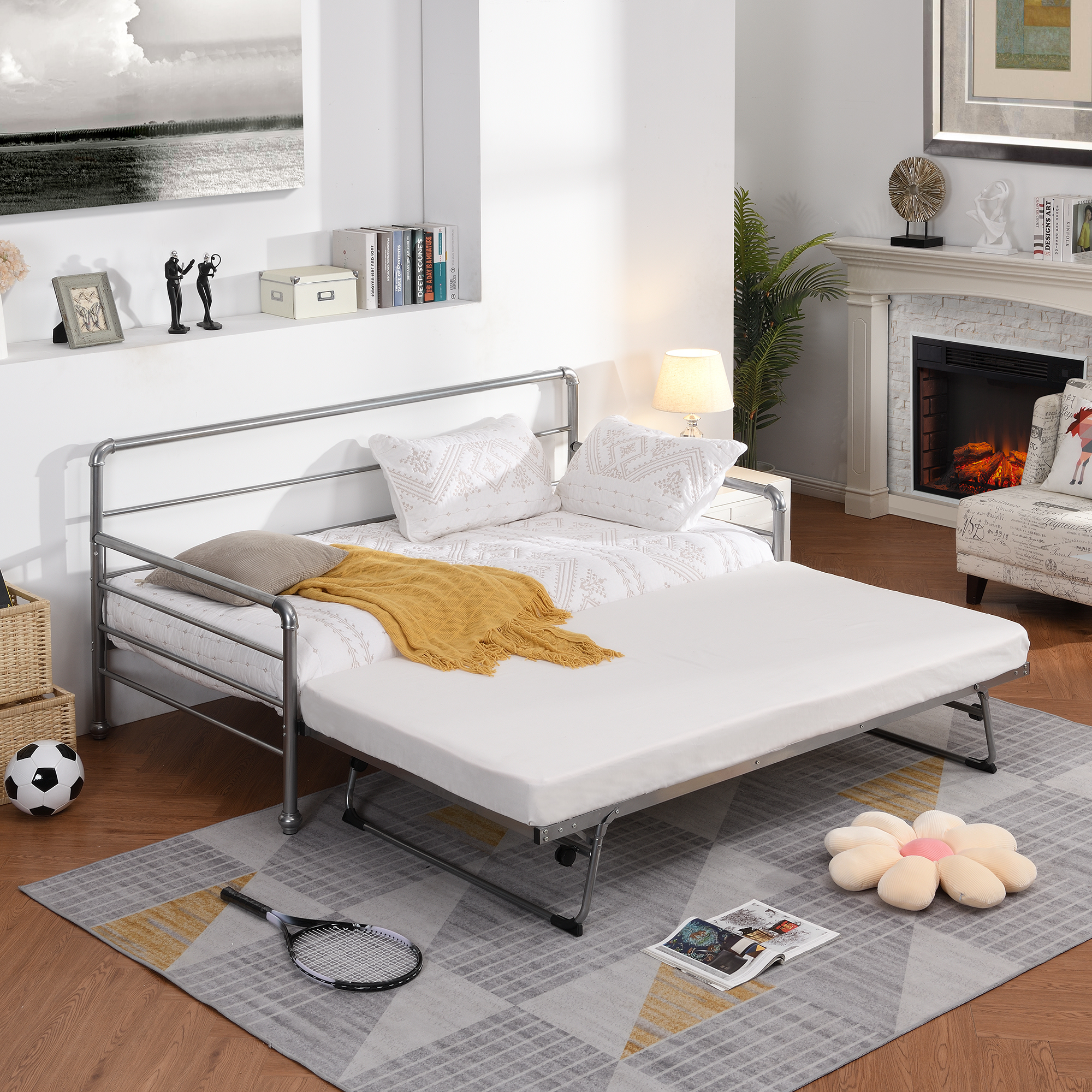 Twin Size Daybed with Adjustable Trundle, Pop Up Trundle, Silver-CASAINC