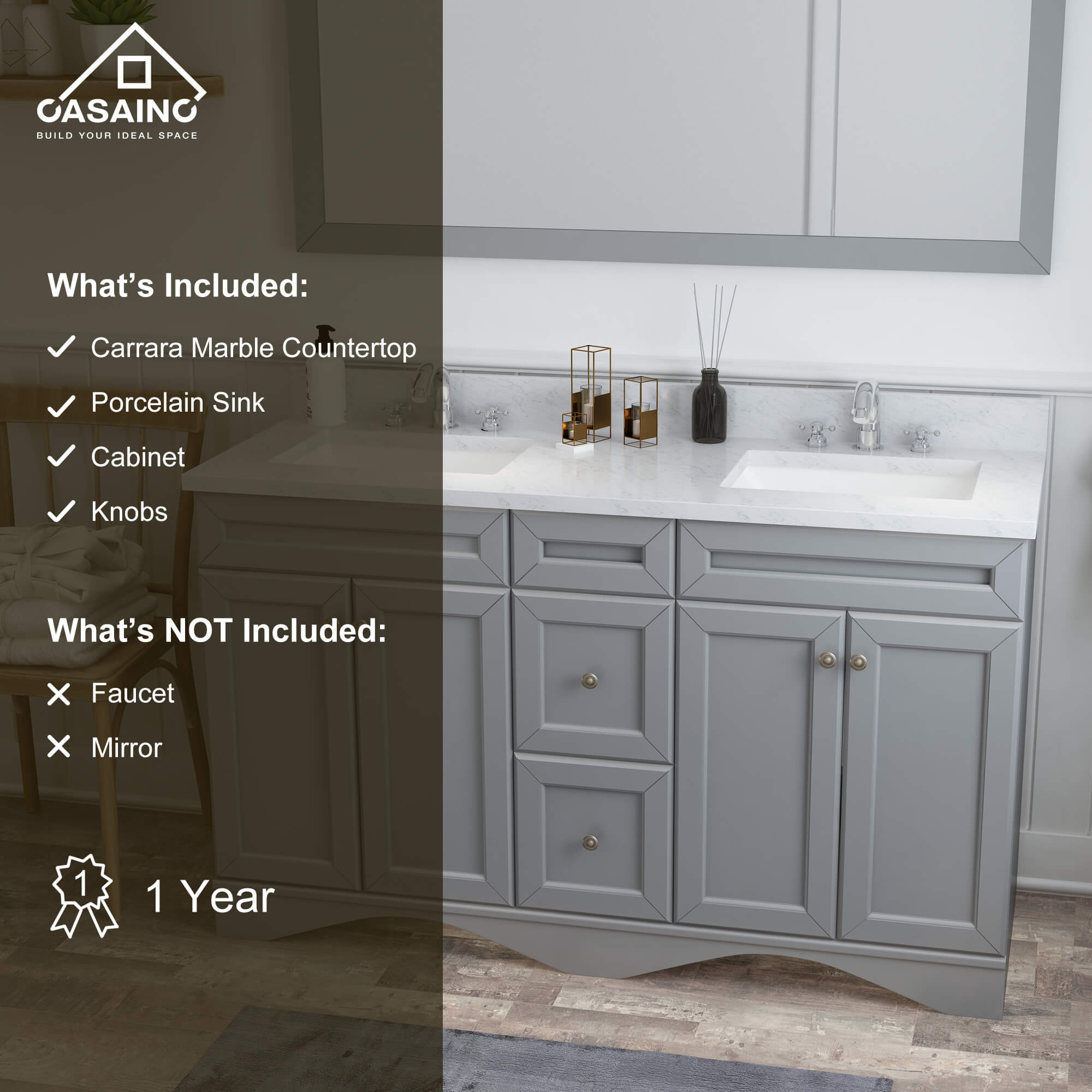 CASAINC 60 x 22 x 35.4 in. Solid Wood Bath Vanity with Marble Top and Backsplash in Gray/White (No/With Mirror)