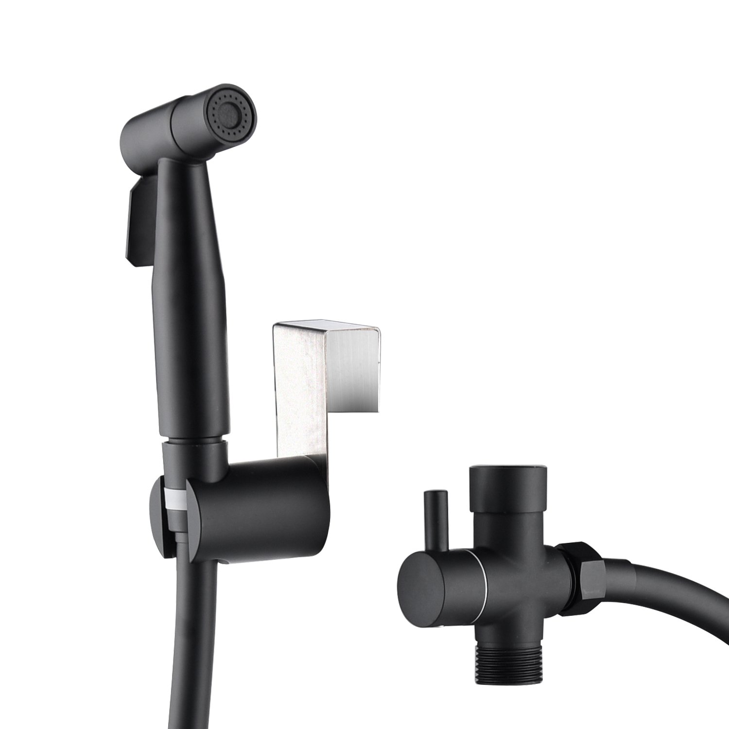 Single-Handle Bidet Faucet with Sprayer Holder, Solid Brass T-Valve and Flexible Hose in Brushed Black-CASAINC