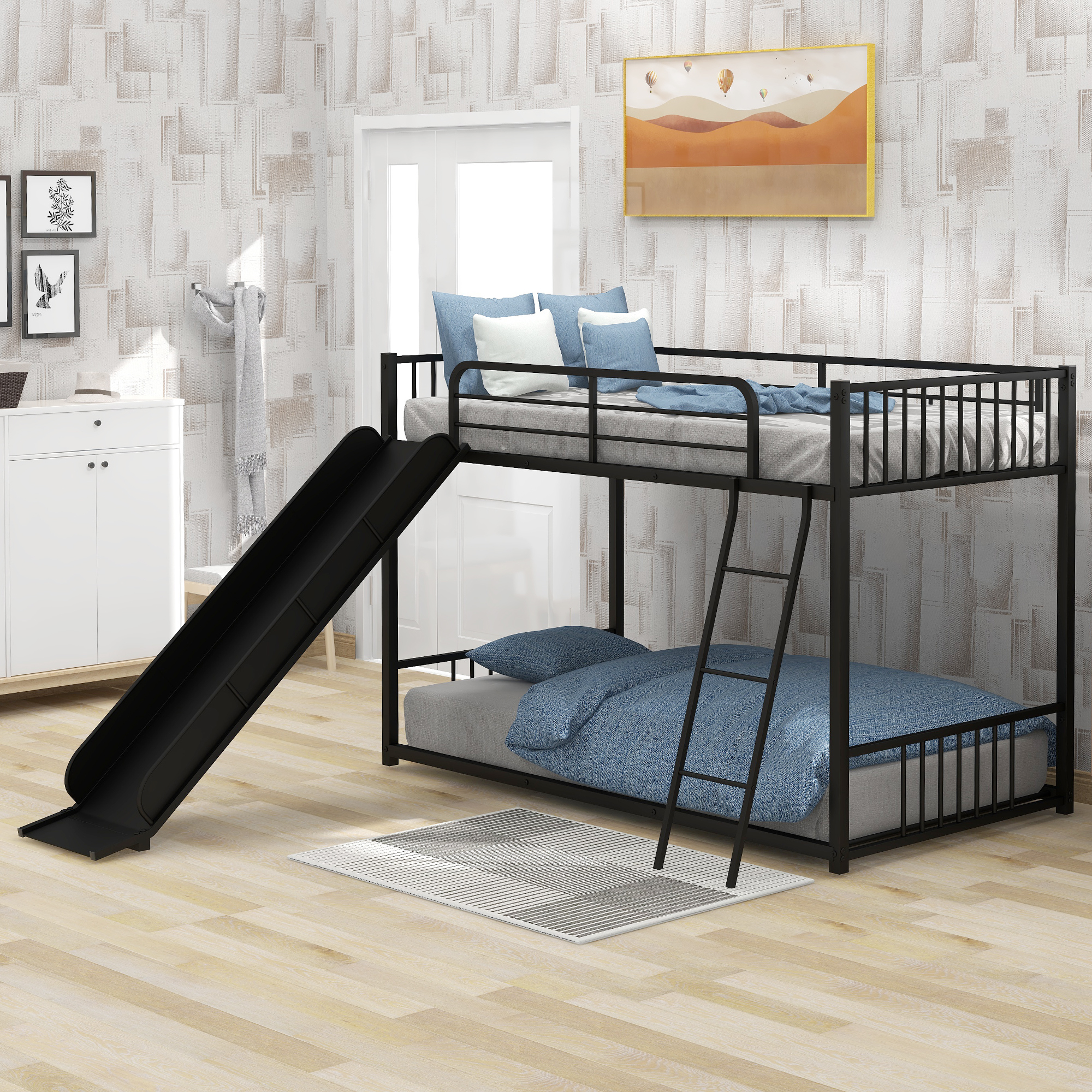 Metal Bunk Bed with Slide, Twin over Twin, Black(Expected Ariival Time:2.7)-CASAINC