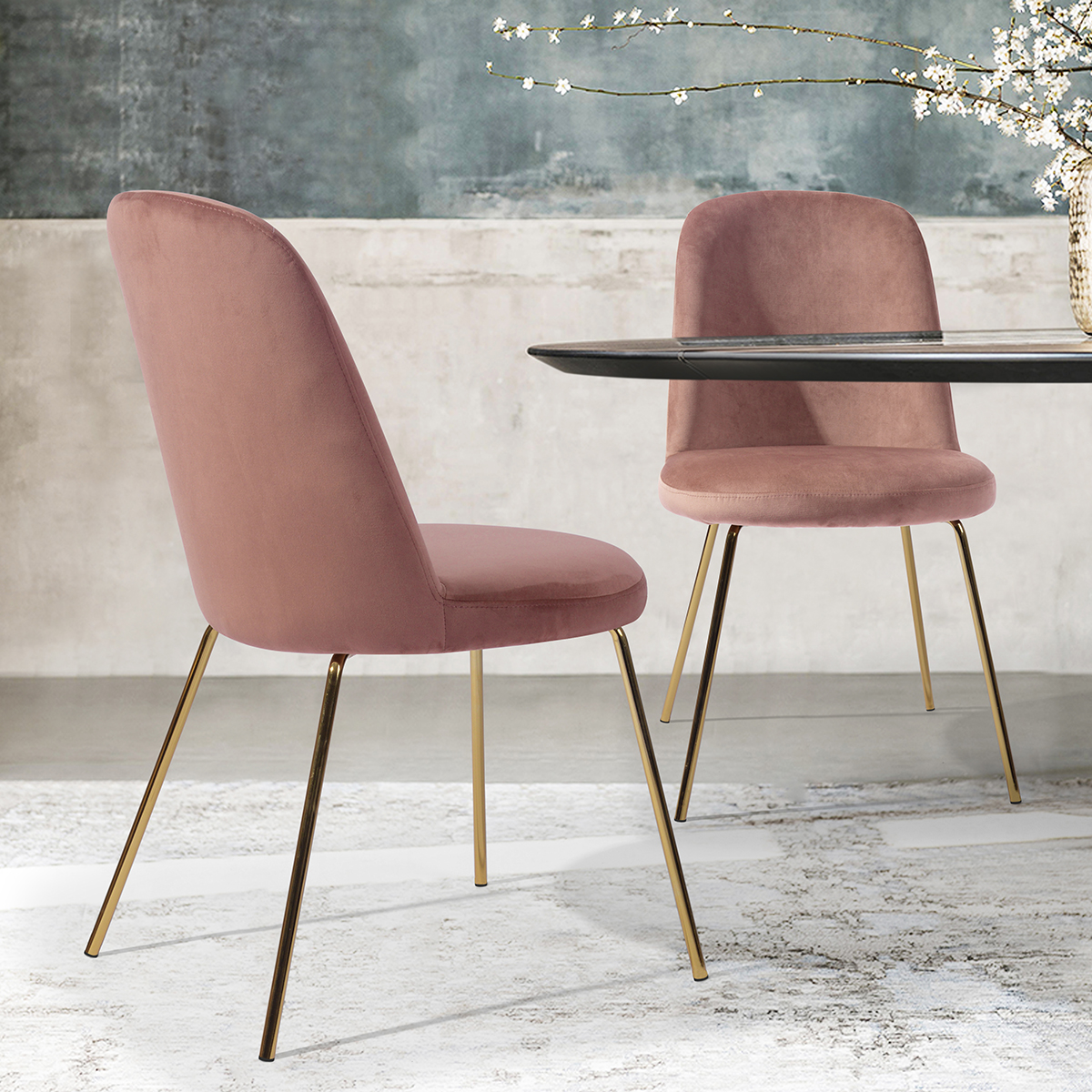 Modern Upholstered Dining Chair Set of 2 with Gold Legs - rose
