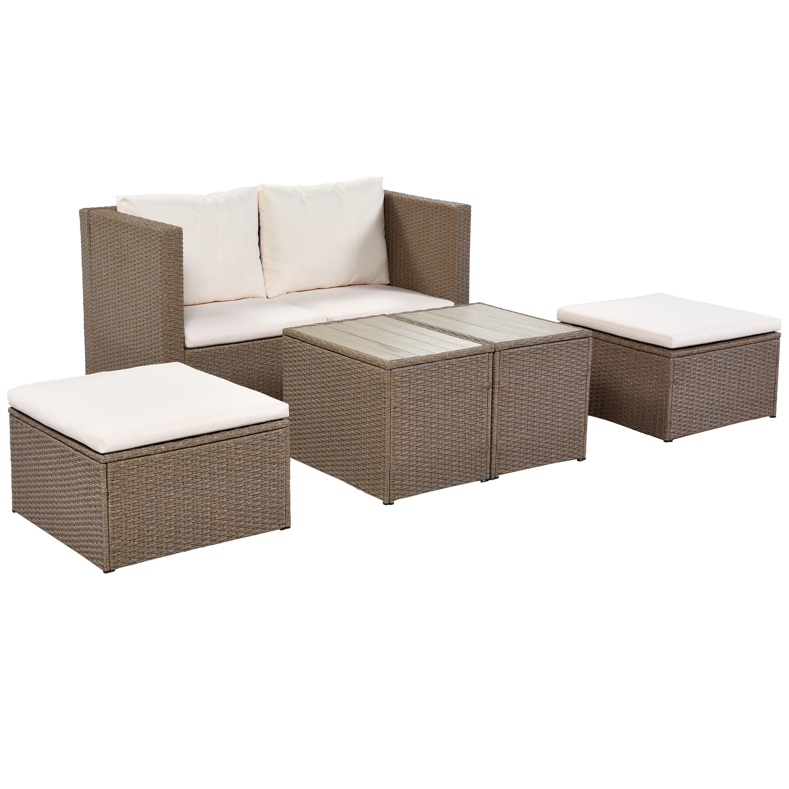  Outdoor 6-Piece Garden Furniture Set, PE Wicker Rattan Sectional Sofa Set with 2 Tea Tables, Brown Wicker+Beige Cushion-CASAINC
