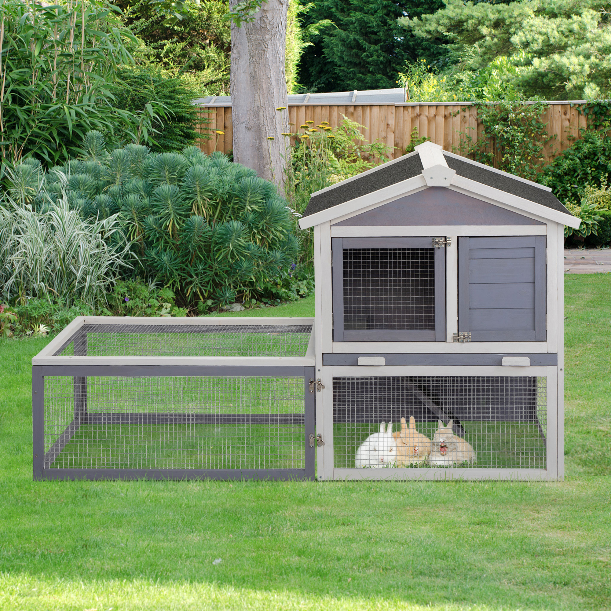 2-Tier Rabbit Hutch with Large Removable Run, Outdoor Bunny Cage for Backyard, Solid Wood Pet House, Gray and White-CASAINC