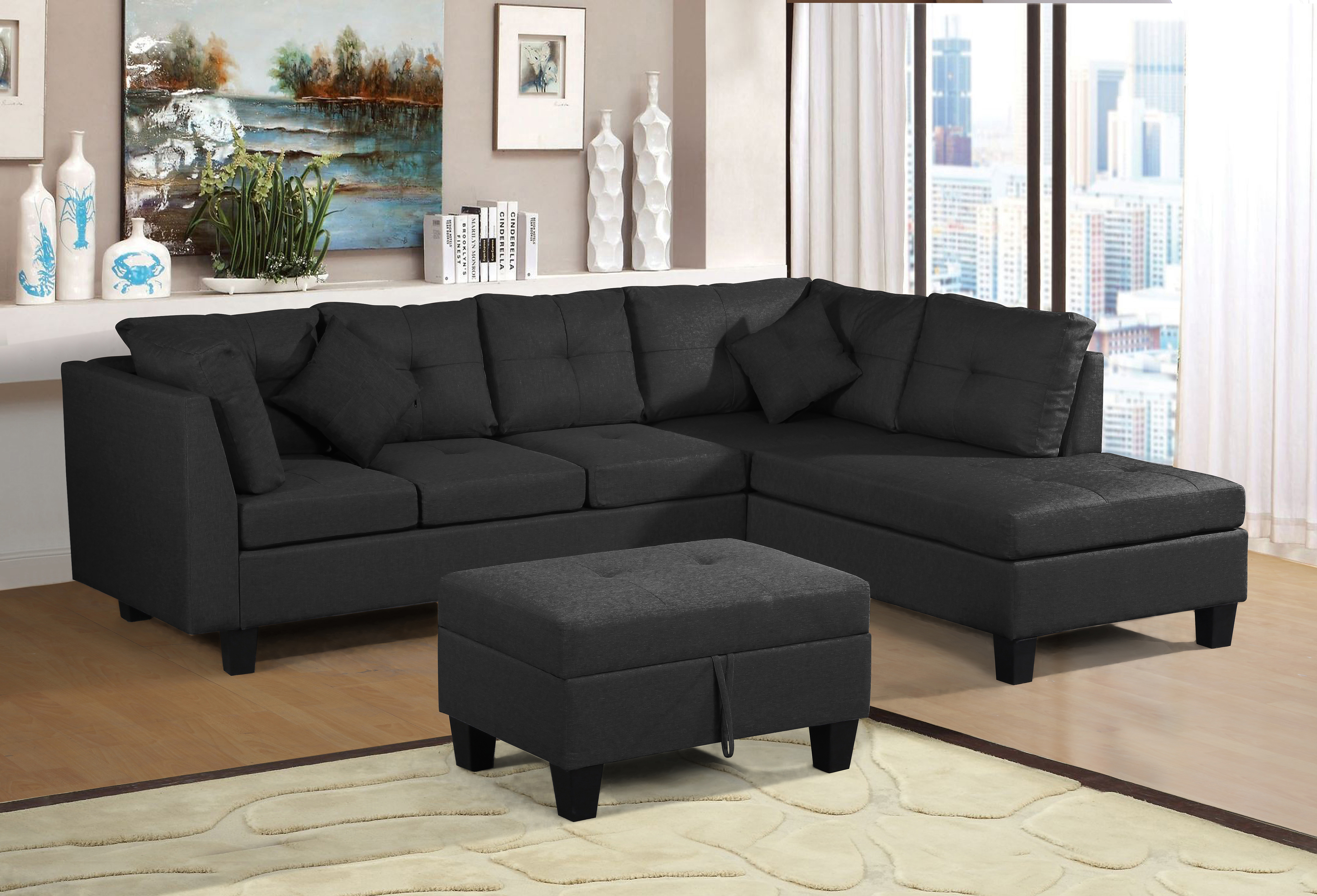 Sectional Sofa Set  for Living Room with  Right Hand Chaise Lounge and Storage Ottoman  (Black)-CASAINC