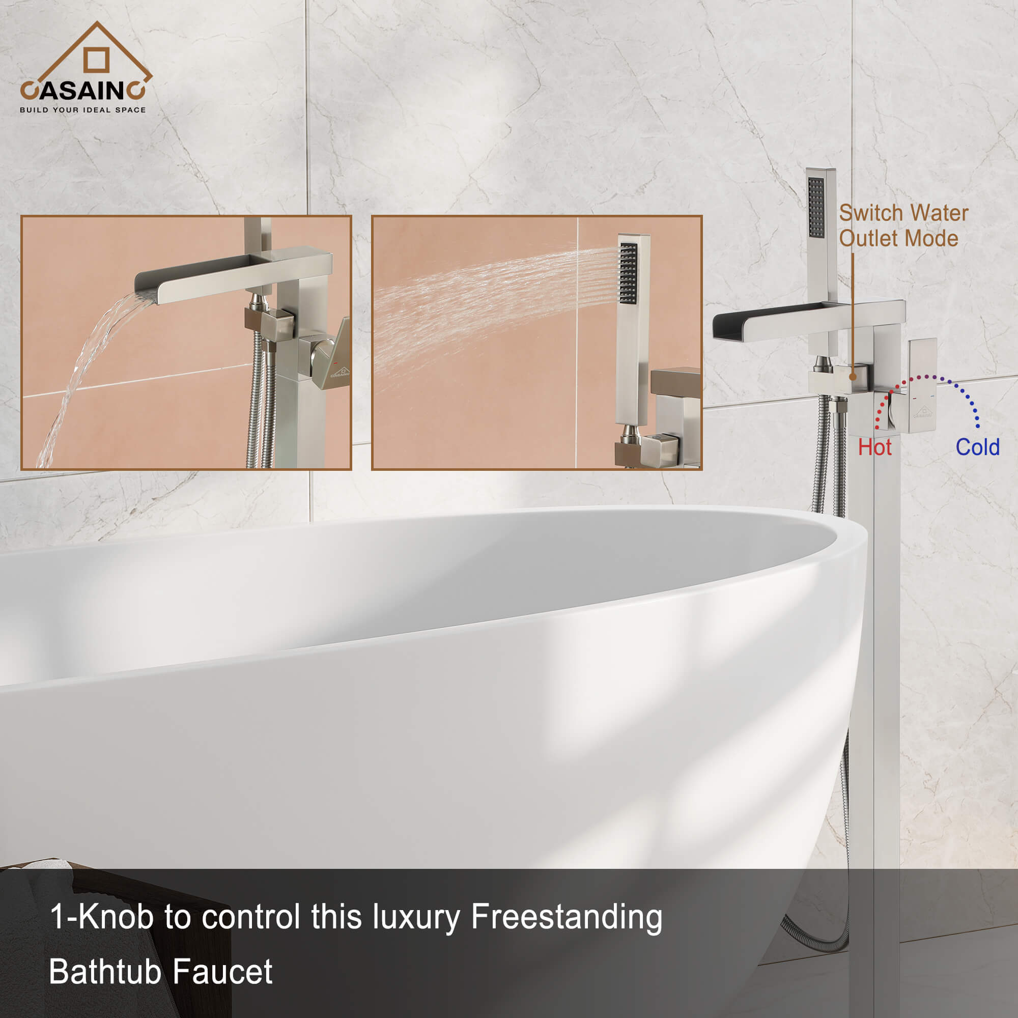 CASAINC 1-Handle Freestanding Bathtub Faucet with Hand Shower