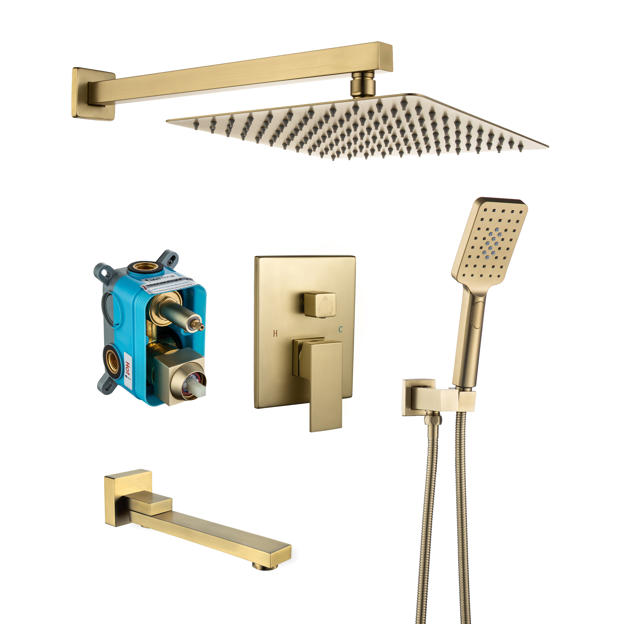 CASAINC 10 in.Brushed Gold Wall/Ceiling Mount 2.5 GPM Rain Shower System With 3-Spray handhold(Valve Included)-CASAINC