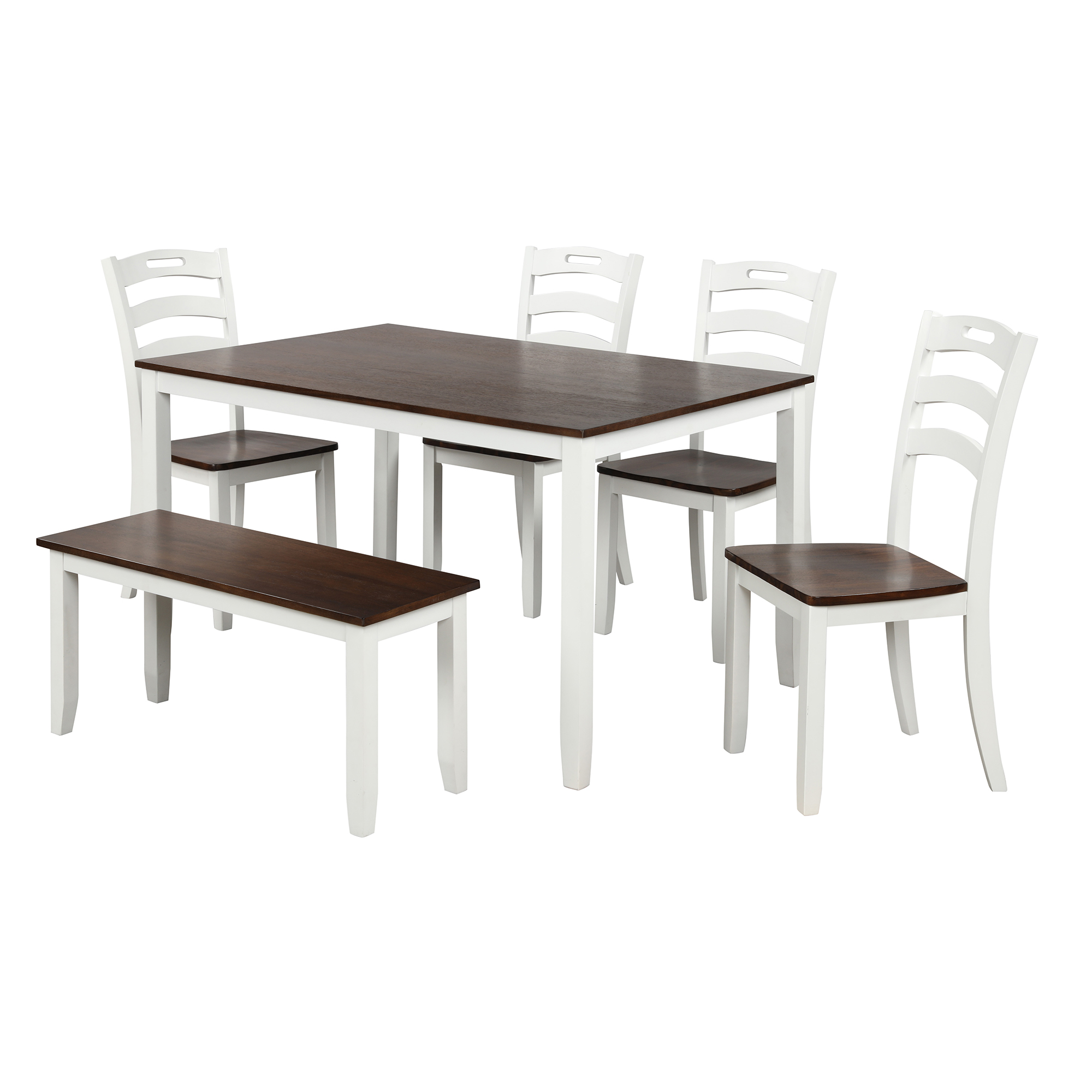 6 Piece Dining Table Set with Bench, Table Set with Waterproof Coat, Ivory and Cherry-CASAINC